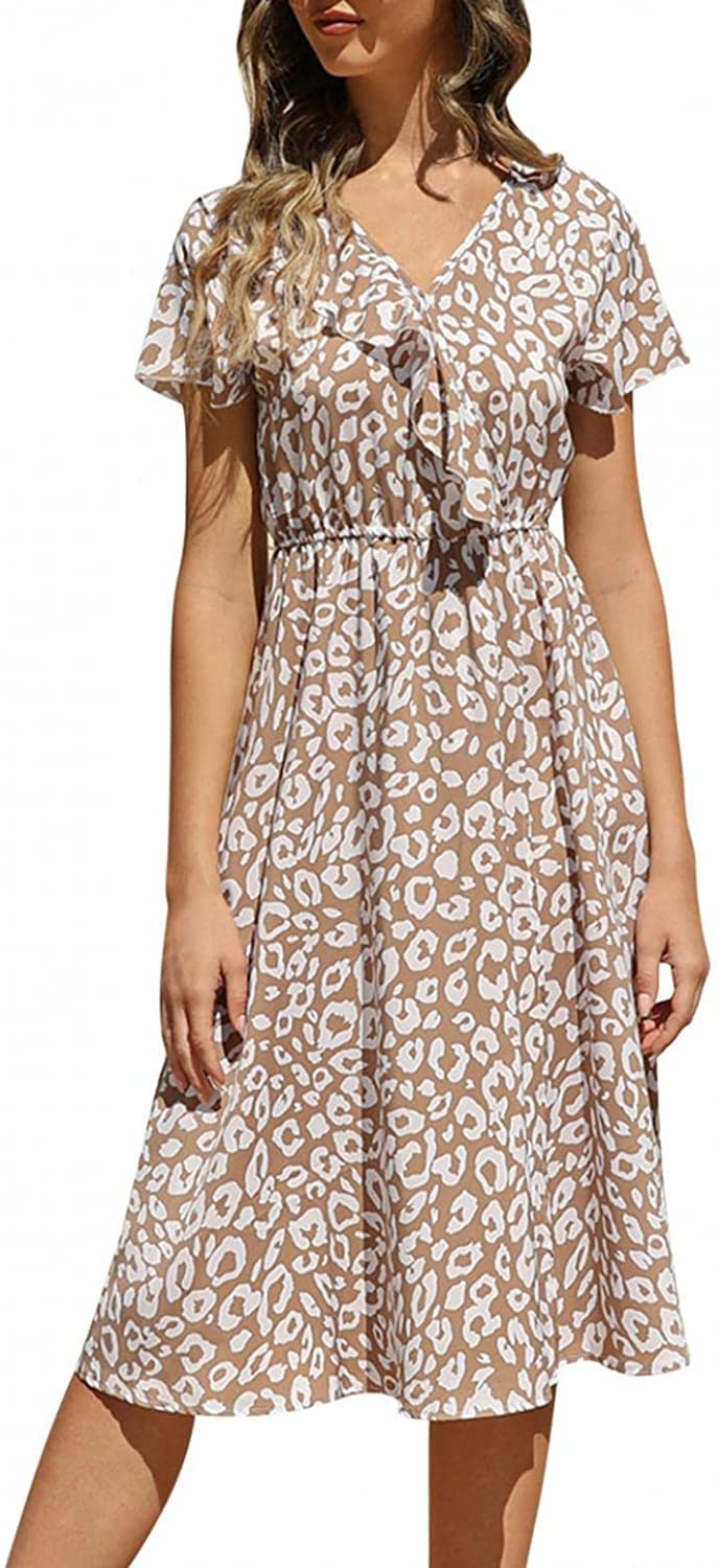 WEFIYERS Women's Summer Knee-Length Dress - Short Sleeve Ruffled V-Neck Loose Fit Tunic Midi Dress for Casual Wear, Beach Outings & Office Attire