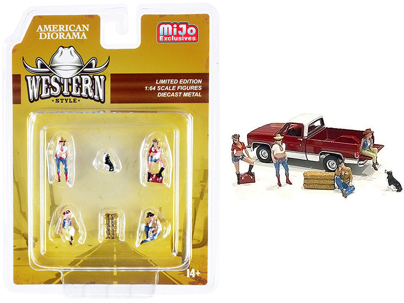 1/64 Scale Western Style Diecast Set - 4 Figurines & 2 Accessories for Model Displays | American Diorama Collectible for Cowboy Scenes & Diorama Building