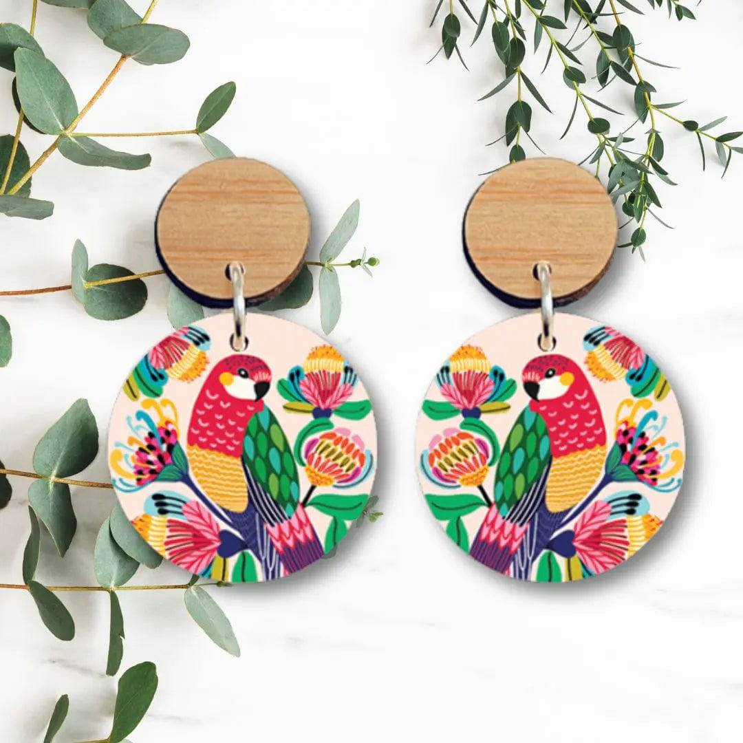 Handmade Australian Rosella Birds Wooden Earrings - Unique Boho Dangle Earrings for Women - Perfect for Casual Wear, Parties & Gifts