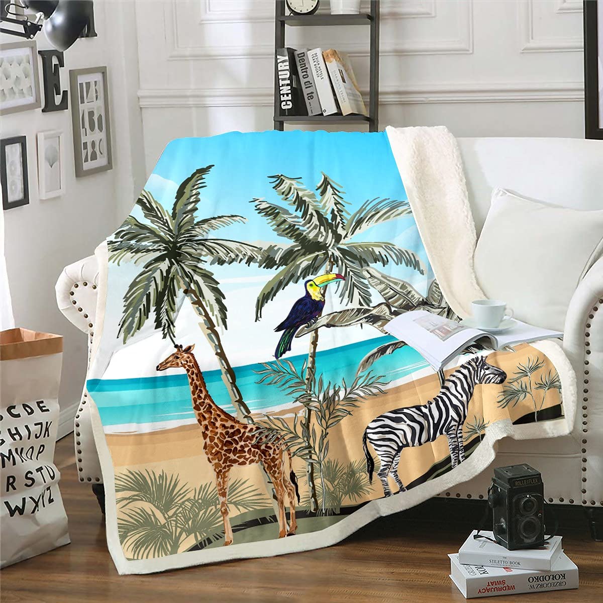 Erosebridal 60x80 Inch Sherpa Fleece Throw Blanket - Tropical Palm Tree & Zebra Giraffe Print, Soft Plush Fuzzy Blanket for Kids, Boys, Teens | Perfect for Travel, Sofa, Bed, Chair Decor, Beach Picnics & Cozy Winter Nights
