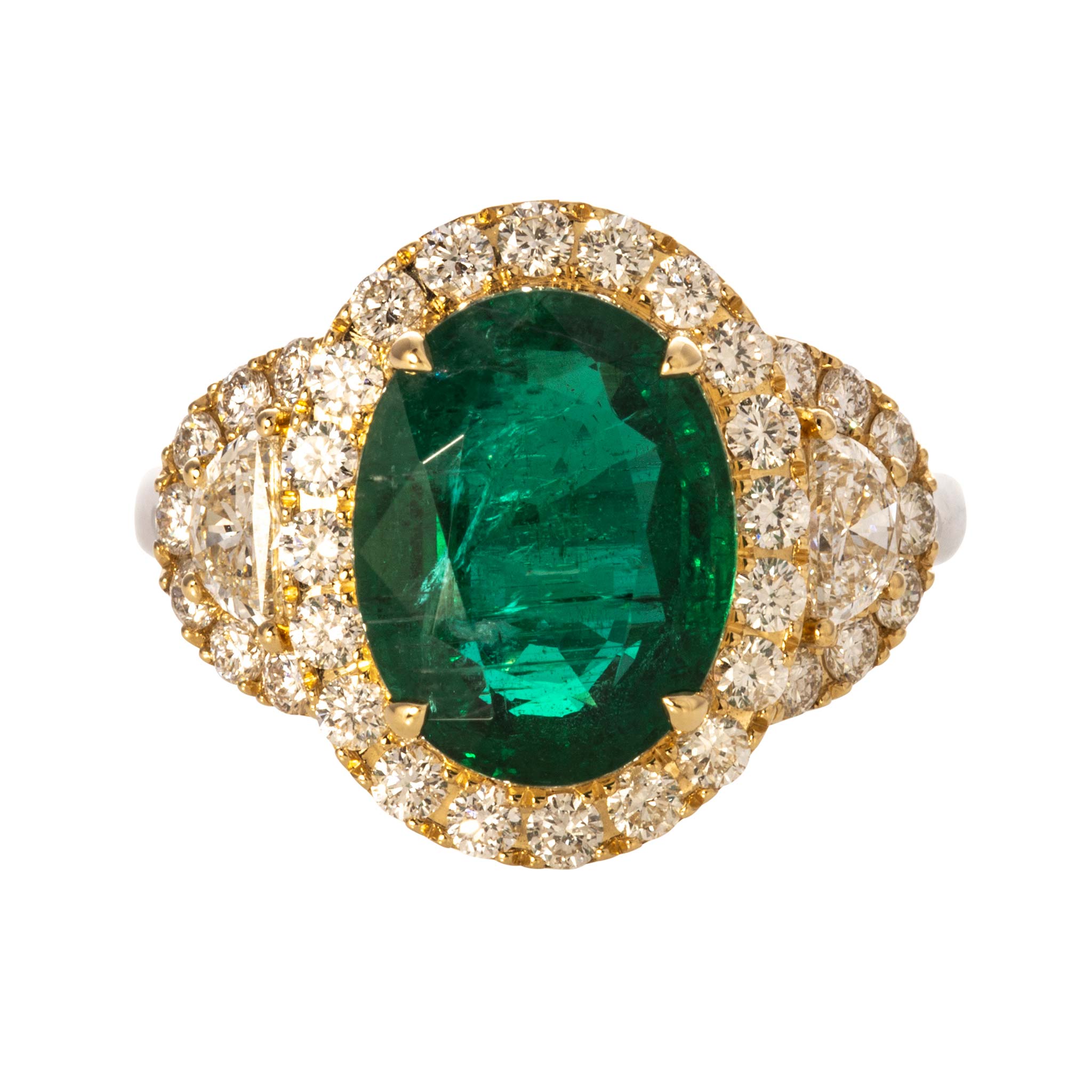 5ct Oval Emerald with Half Moon & Round Diamond 18K Gold Platinum Ring for Engagement, Wedding, Anniversary & Special Occasions