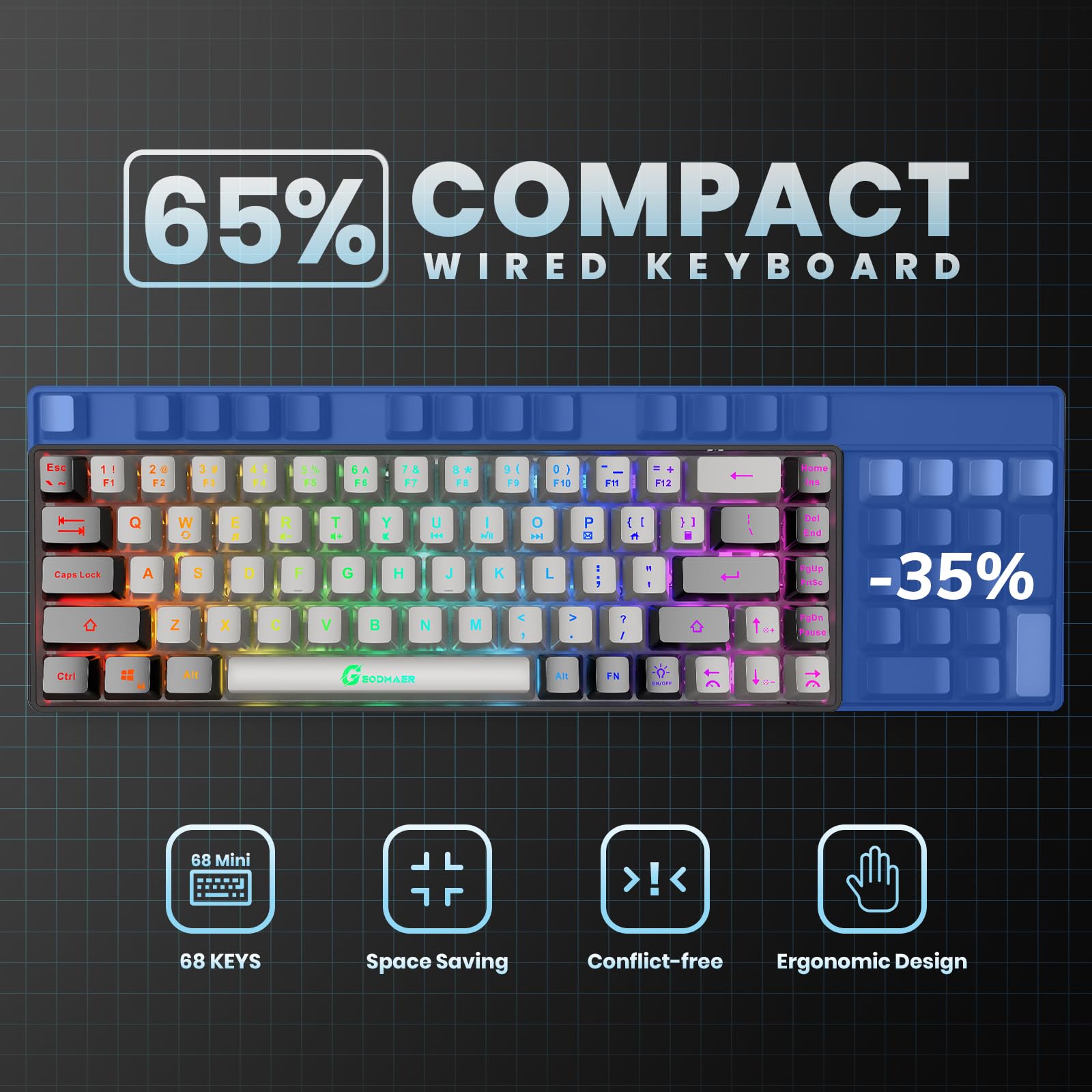 65% Wired Gaming Keyboard - Compact 68 Keys, Anti-Ghosting for PC Gamers (Office & Esports)