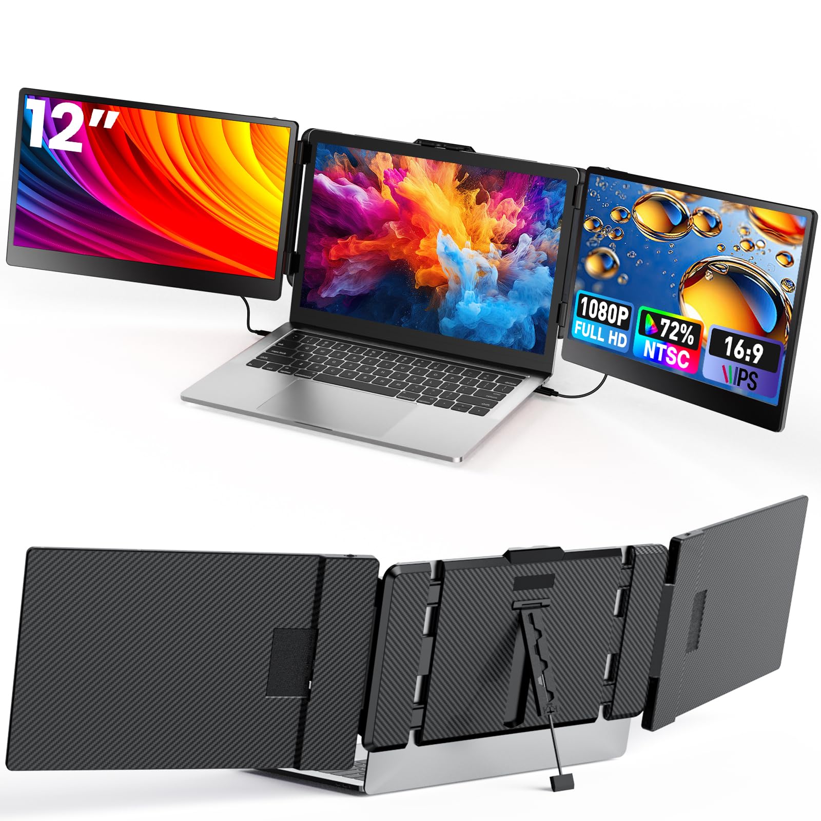 12'' Triple Screen Extender - Ultra Slim 1080P FHD IPS Portable Monitor with Stand for Laptop, Compatible with Mac Windows Linux Switch PS4/5 - Perfect for Gaming, Coding & Multitasking