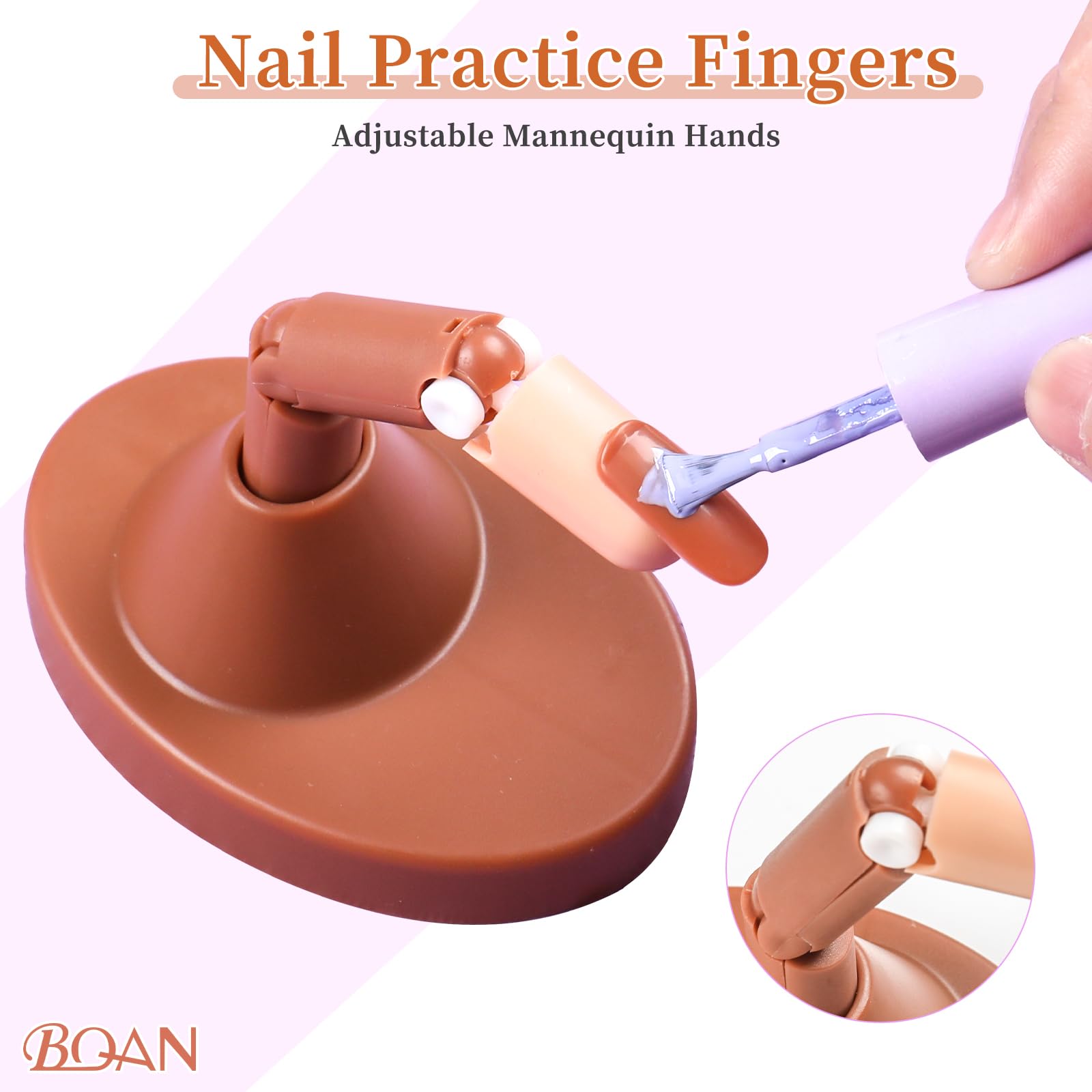 BQAN 4Pcs Adjustable Fake Fingers for Acrylic Nail Practice - Nail Training Hand with 100 Refill Tips & 2 Finger Bases - Perfect for Nail Tech Students & Salon Professionals (Home Practice, Manicure Training, Nail Art Design)