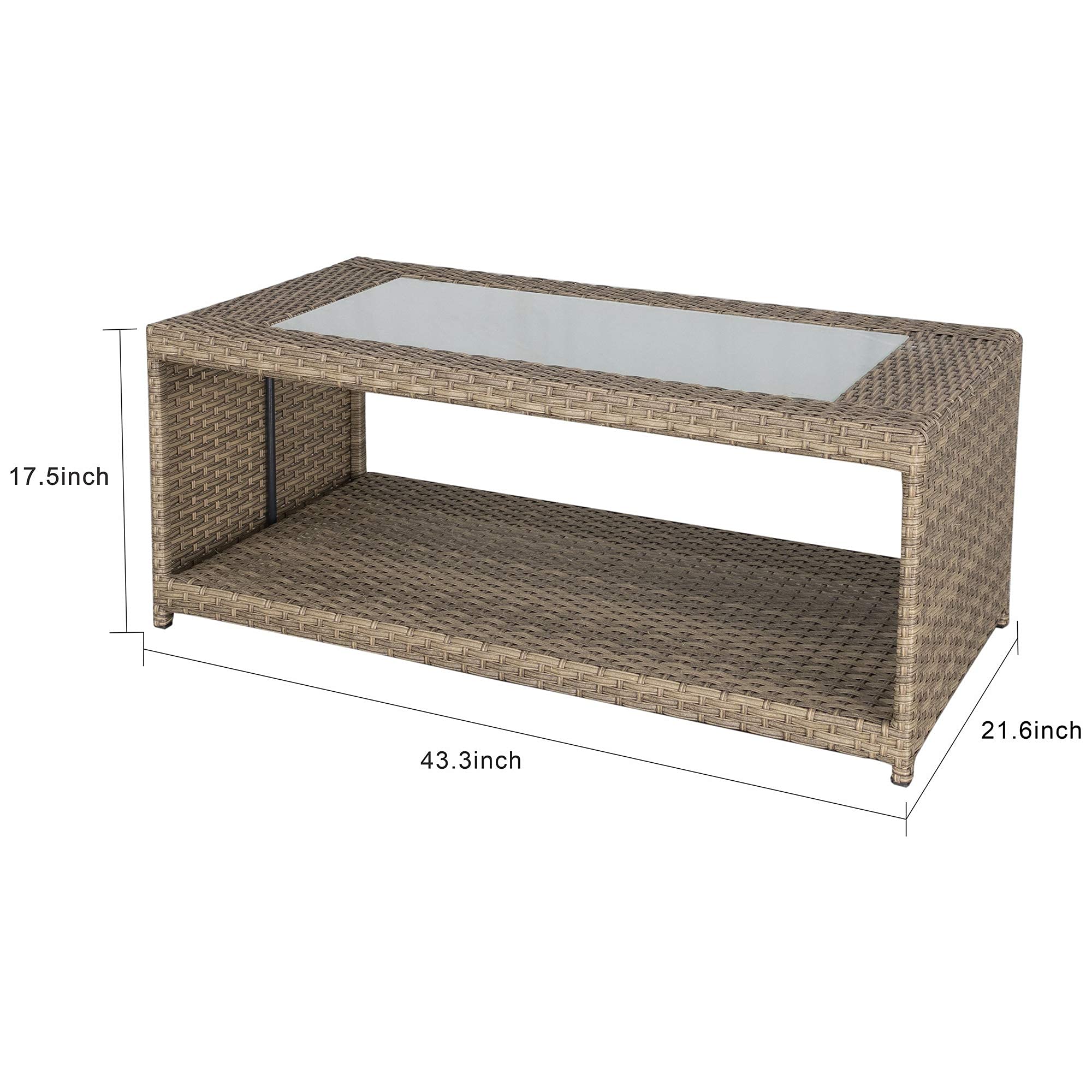 DIMAR GARDEN Outdoor Coffee Table - Wicker Rattan Patio Side Table with Storage & Tempered Glass Top - Modern Luxury Furniture for Garden, Balcony, Poolside - Light Brown