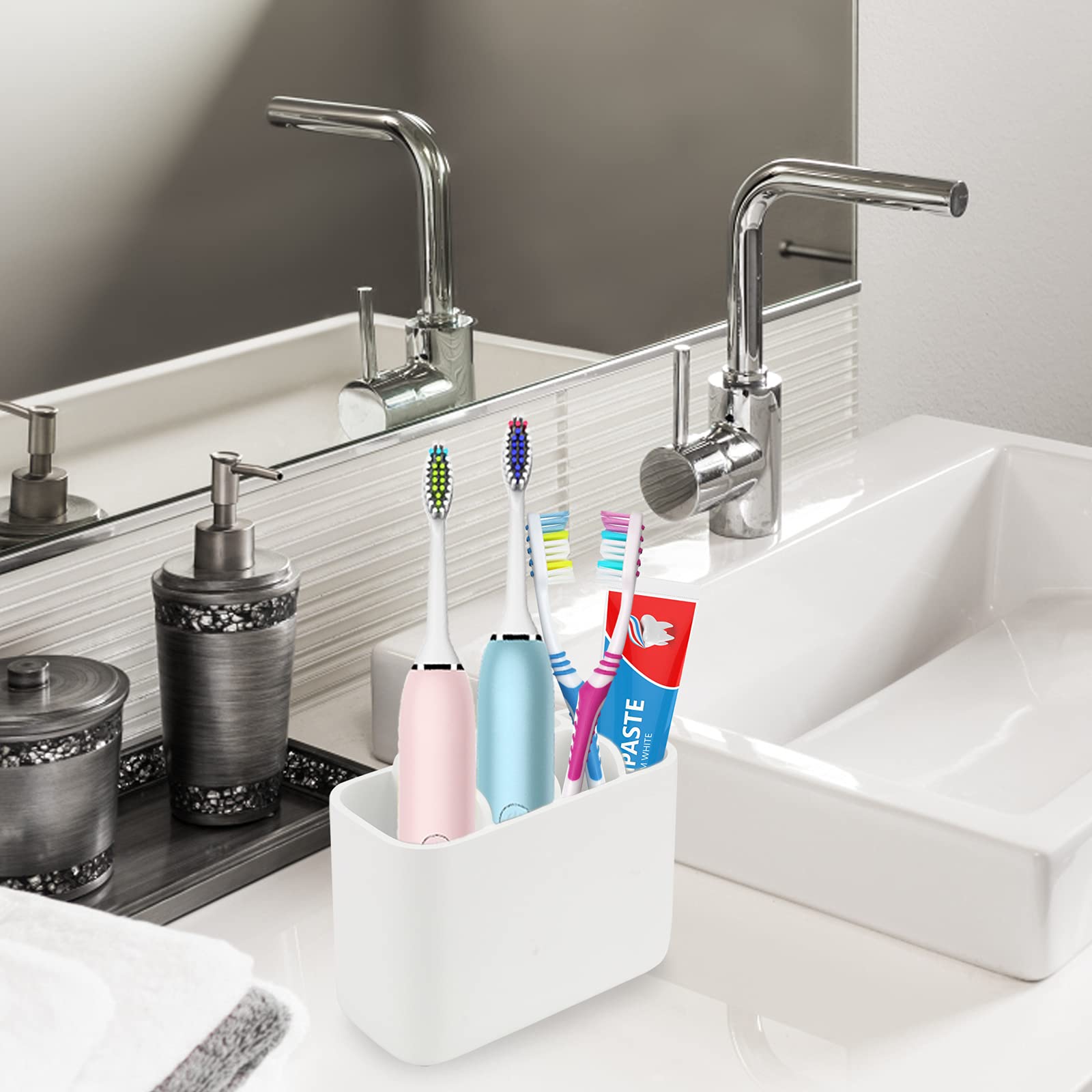 White Resin Toothbrush Holder & Organizer for Bathroom - Perfect for Toothbrushes, Makeup Brushes, and Cosmetics Storage | Compact & Stylish Bathroom Countertop Organizer