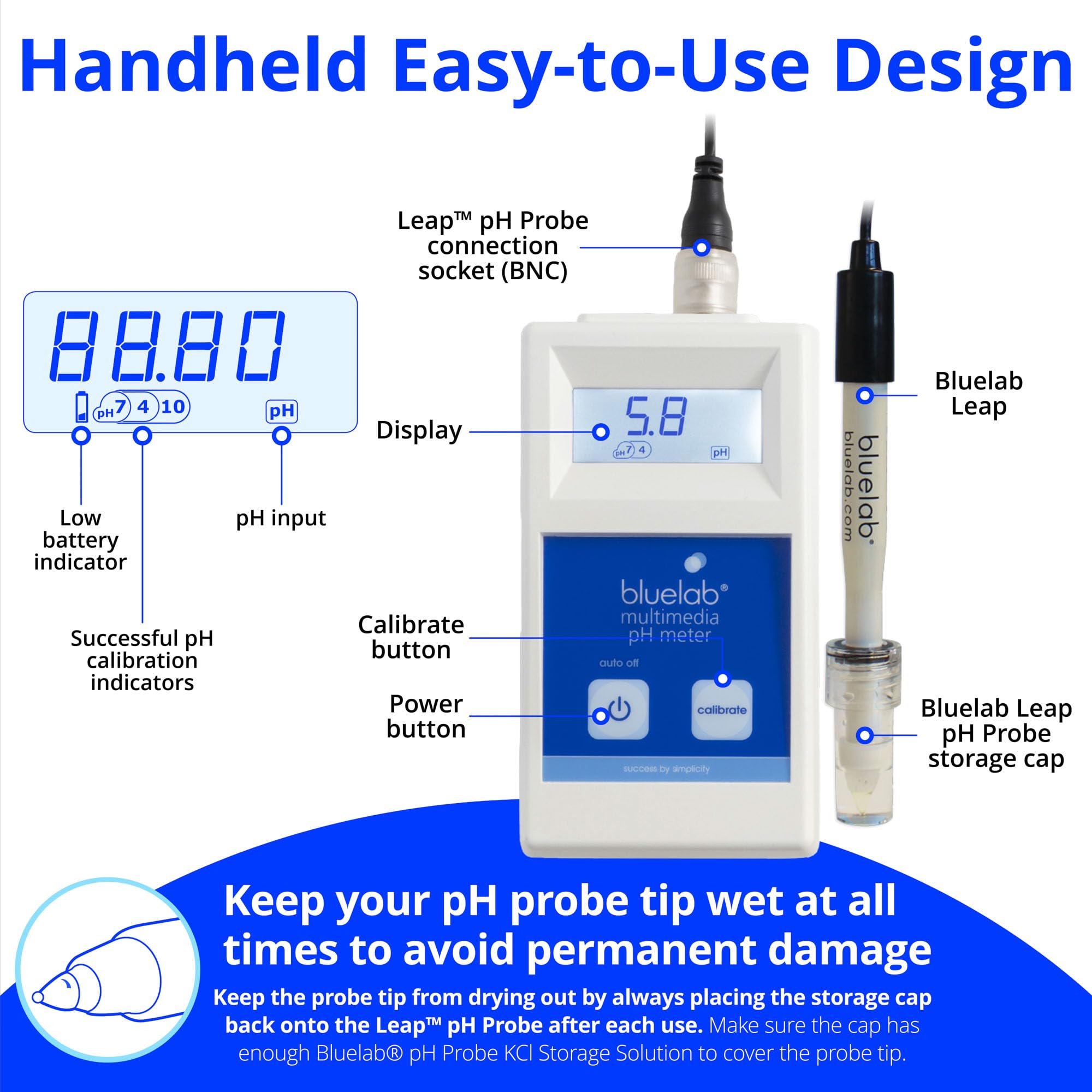 Bluelab METMULTI Digital pH Meter - Handheld Hydroponic & Soil pH Tester for Nutrient Solutions, Gardens, Greenhouses | Accurate pH Measurement for Plants, Hydroponics, Aquariums & Indoor Gardening