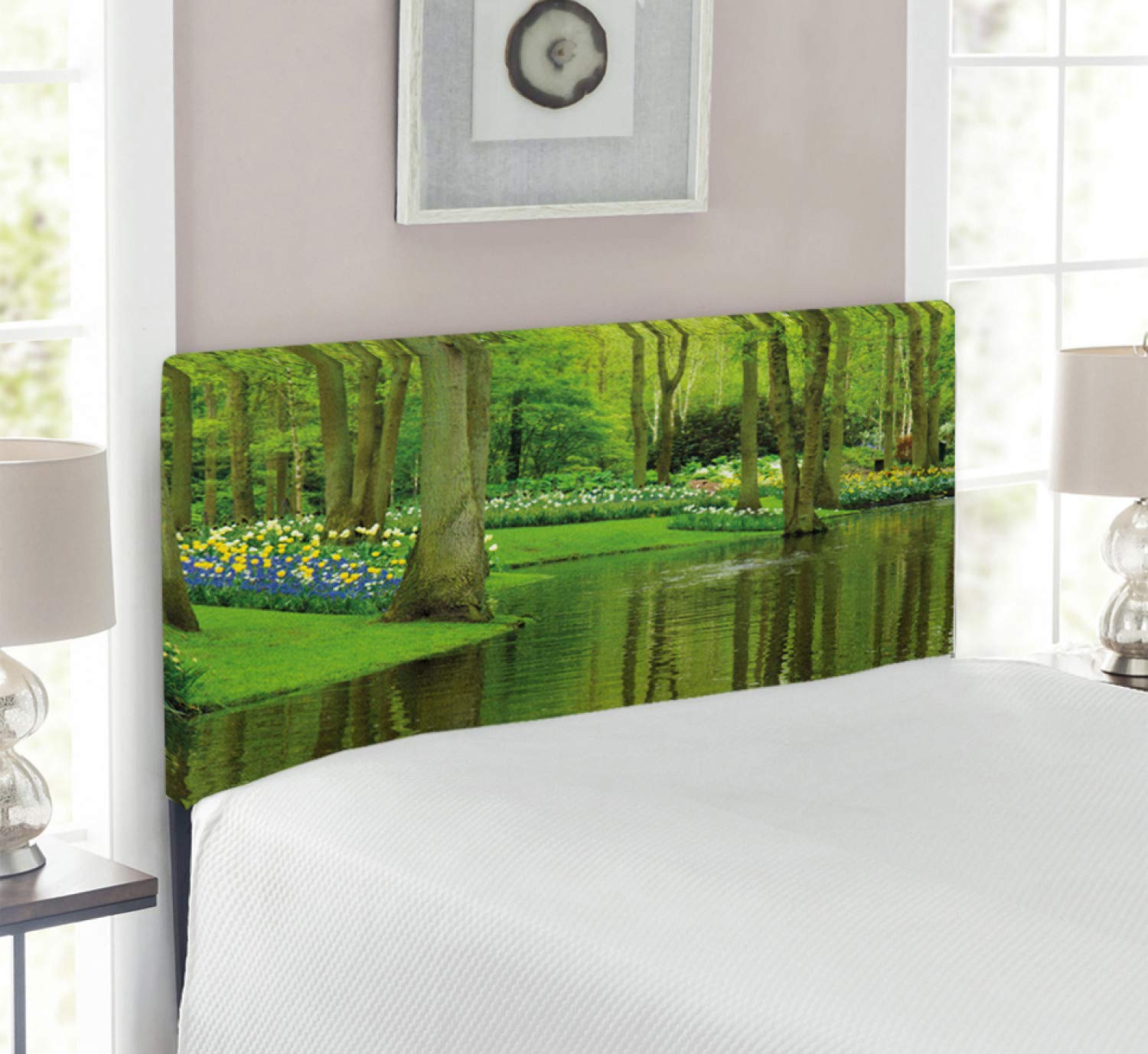 Ambesonne Nature Headboard - Forest Lake Dutch Garden Pastoral Woodland Floral Design, Upholstered Decorative Metal Bed Frame with Memory Foam, Twin Size, Fern & Lime Green - Perfect for Bedroom Decor, Guest Rooms, and Cozy Cabin Retreats