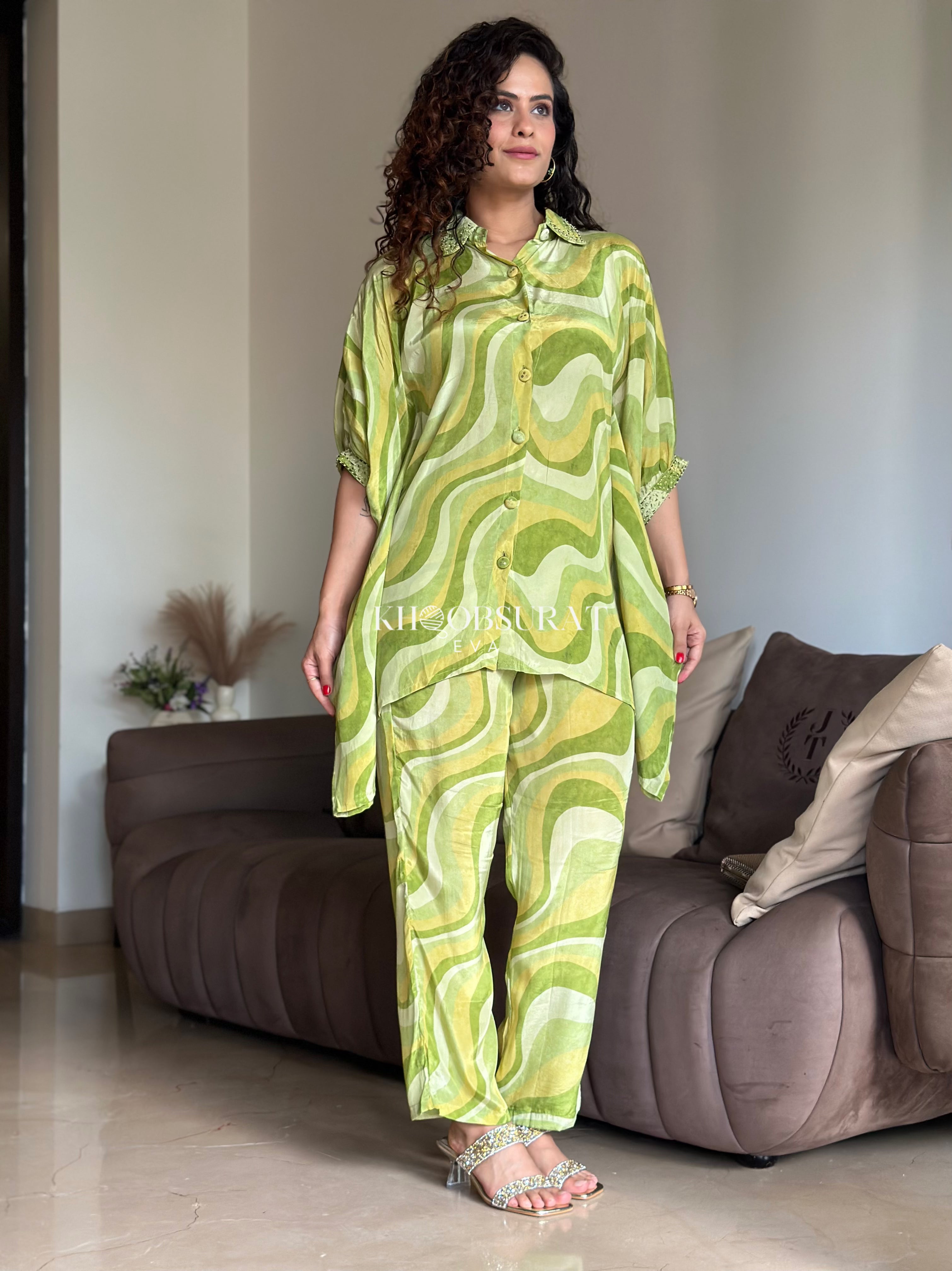 Emerald Green Kaftan Coord Set - Women's Elegant Lounge & Beach Cover Up - Perfect for Vacation, Resort Wear and Summer Outfits