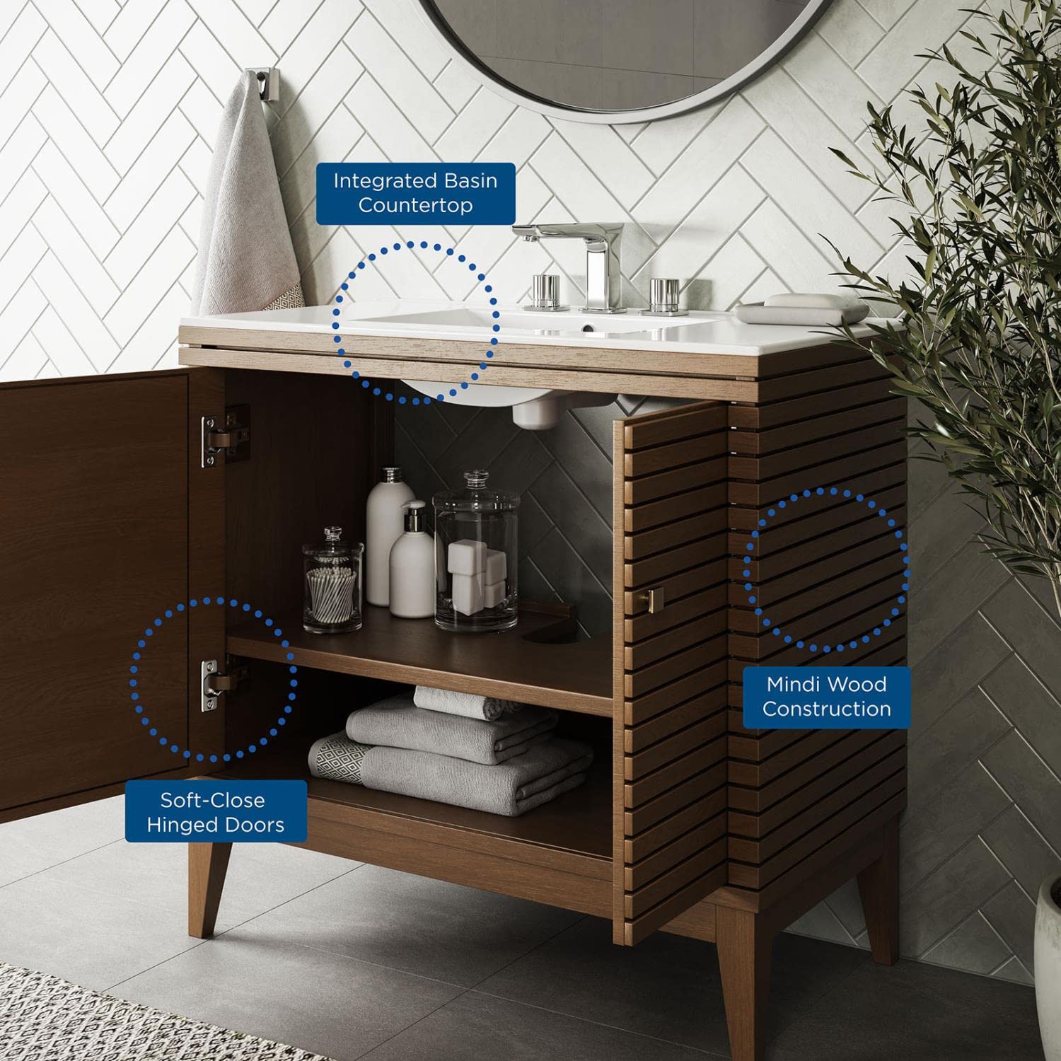 Modway Ledger 36 Inch Walnut White Wood Bathroom Vanity Cabinet with Mirror - Modern Storage for Small Bathrooms & Powder Rooms
