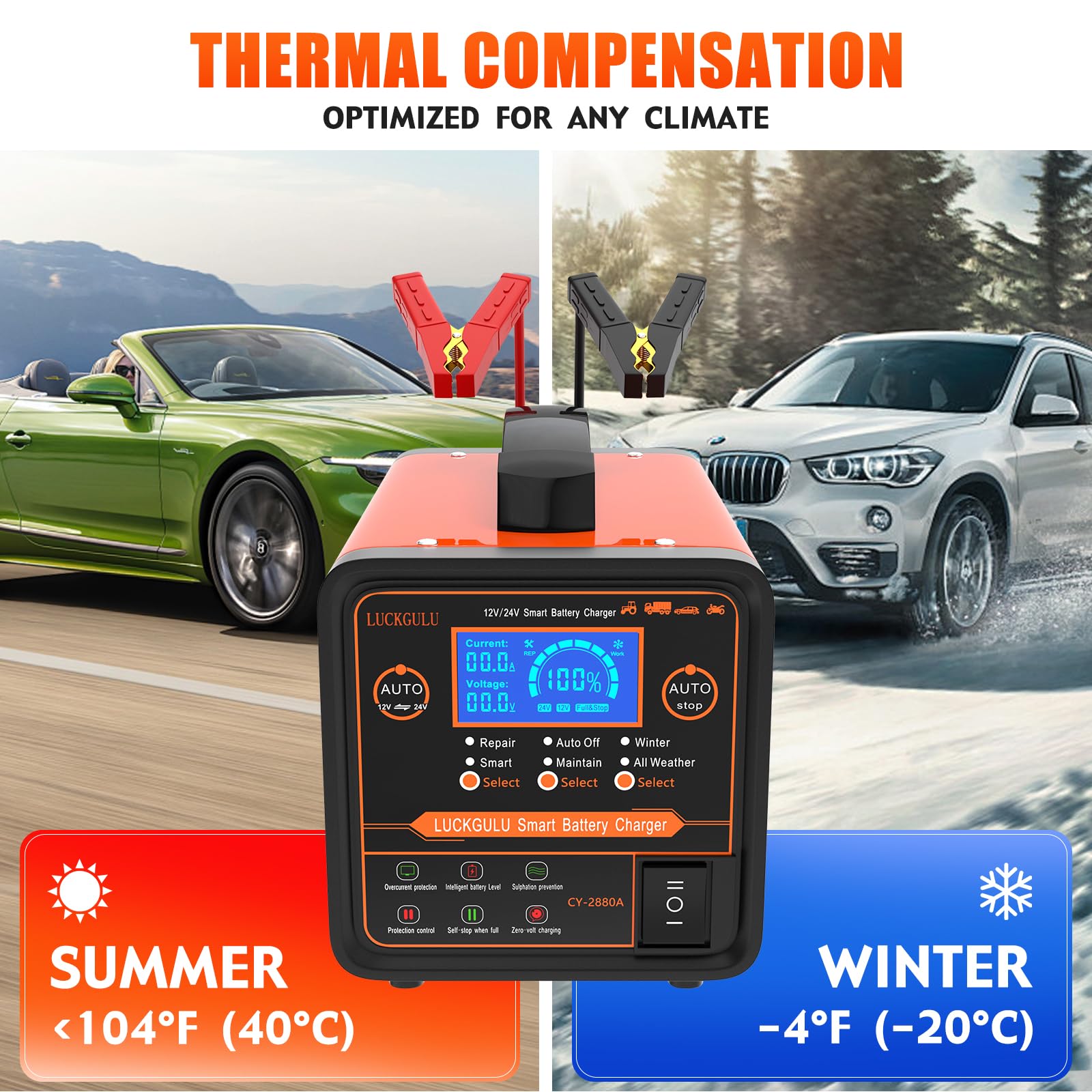 12V/24V Heavy Duty Car Battery Charger - 0-20A Automatic Smart Charger with Auto Shutoff, Repair Mode & Winter Mode - Trickle Charger & Desulfator for Cars, Boats, Motorcycles, Lawn Mowers - Perfect for Cold Weather & Long-Term Storage