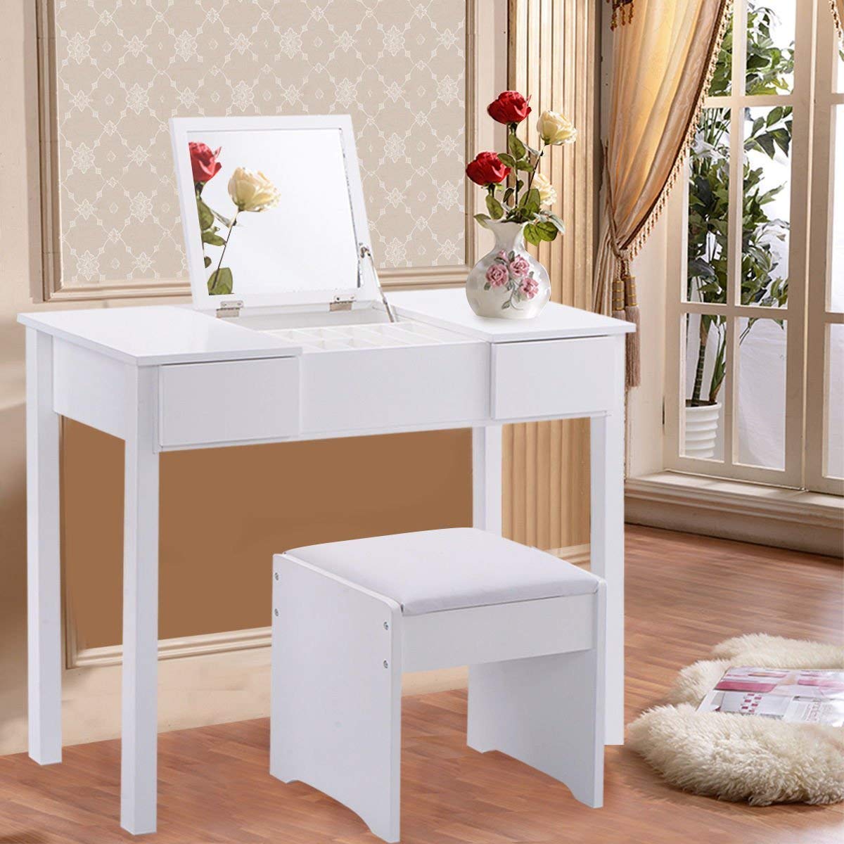 Casart White Bathroom Vanity Dressing Table with Flip Top Mirror, 2 Drawers & 3 Removable Organizers - Perfect for Small Spaces, Makeup Storage & Home Organization