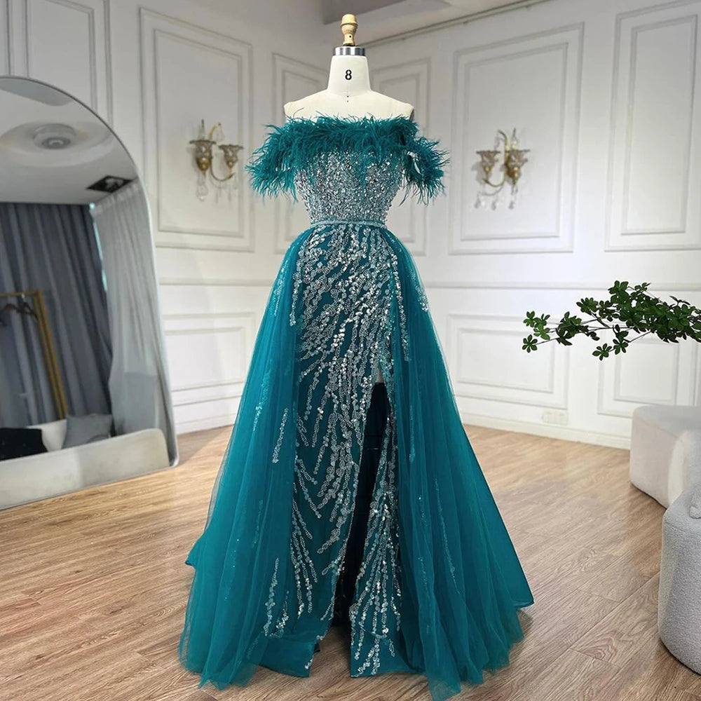 Serene Hill Blue Diamond Feather Mermaid Elegant Evening Dress with Overskirt - Women's Formal Gown for Wedding, Party & Special Occasions 2025 | LA72061