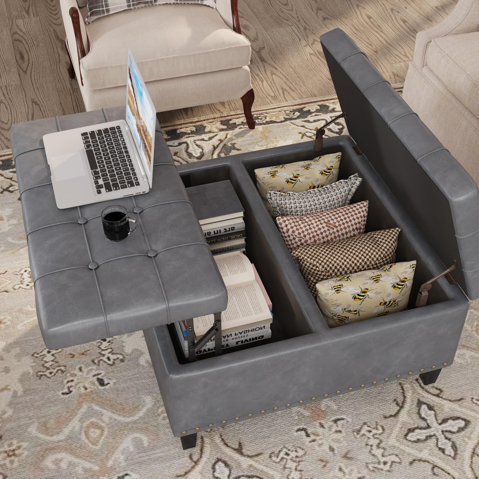Tufted Square Ottoman Coffee Table with Storage - Leather Upholstered Cube Storage Ottoman Footrest Stool for Living Room & Bedroom - Grey - Perfect as Toy Box, Extra Seating & Stylish Home Decor