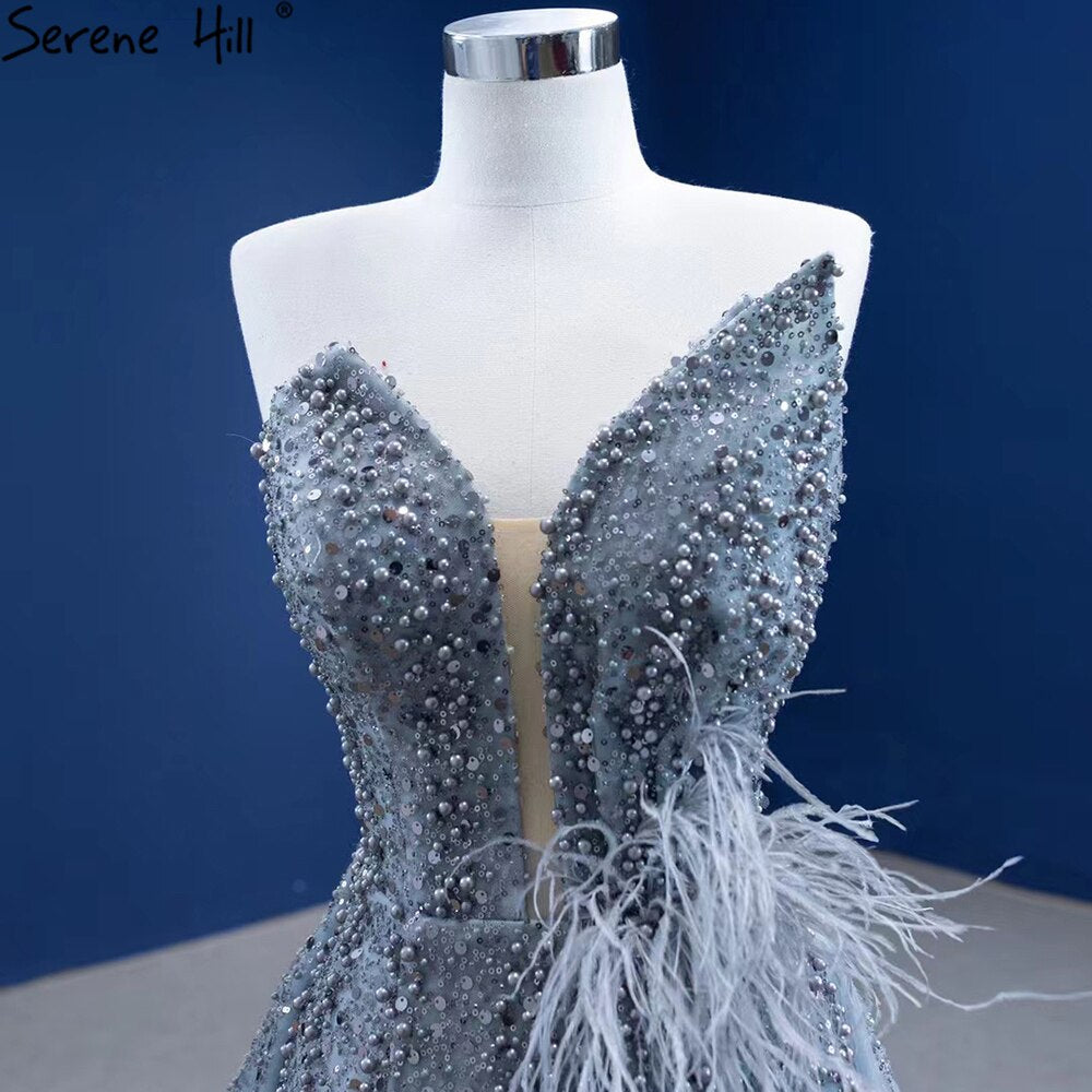 Elegant Grey Mermaid Evening Dress with Feather & Beaded Overskirt for Women - Serene Hill 2025 Collection | Perfect for Prom, Gala & Formal Parties (HM67340)