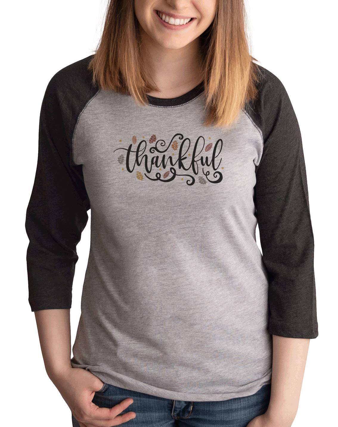 7 ate 9 Apparel Women's Thankful Fall Leaves Graphic T-Shirt - Cozy Autumn Long Sleeve Top for Pumpkin Patch, Thanksgiving & Fall Outfits