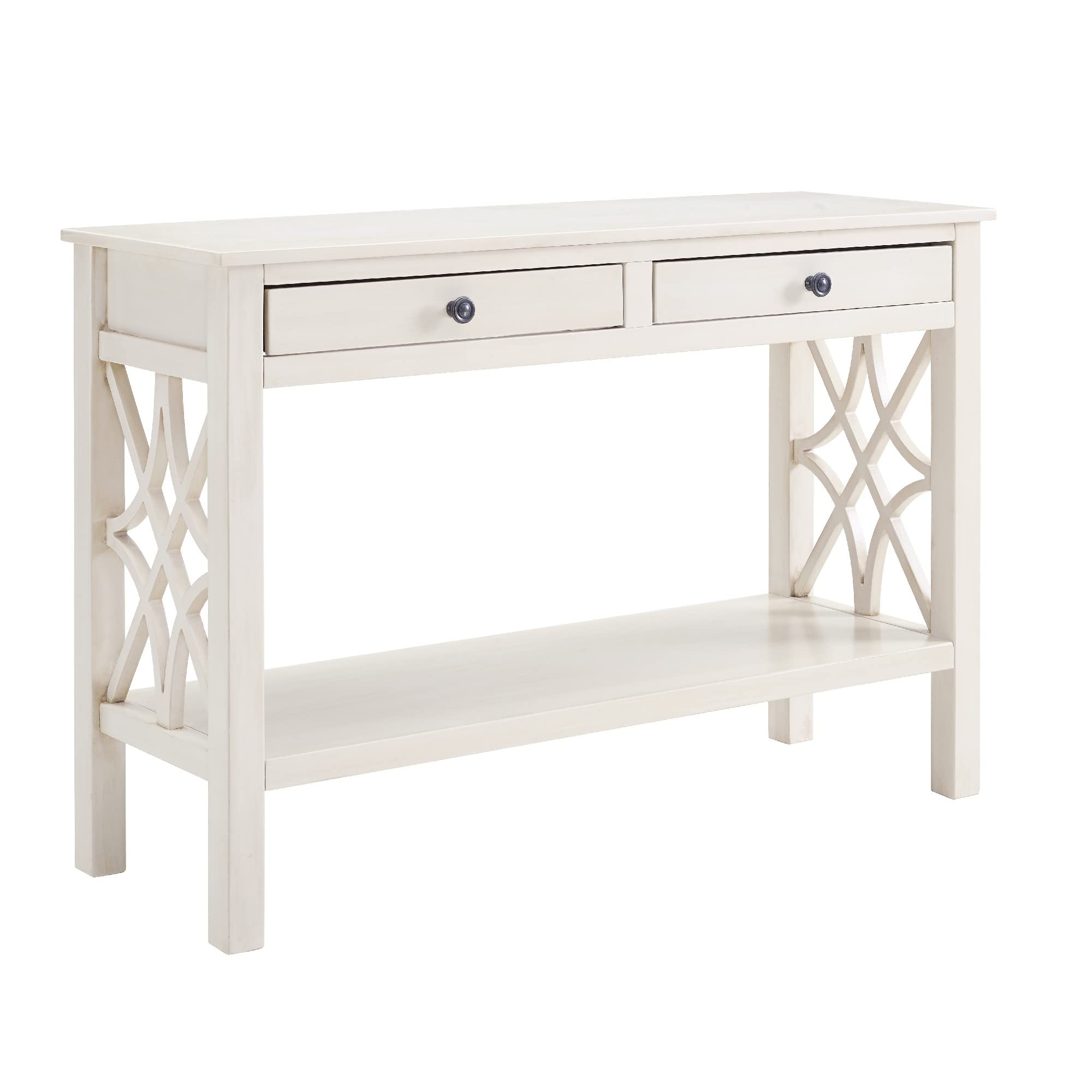 Benjara 2-Drawer Wooden Console Table with Geometric Side Panels - Antique White Finish Entryway Sofa Table for Hallway, Living Room & Bedroom Decor
