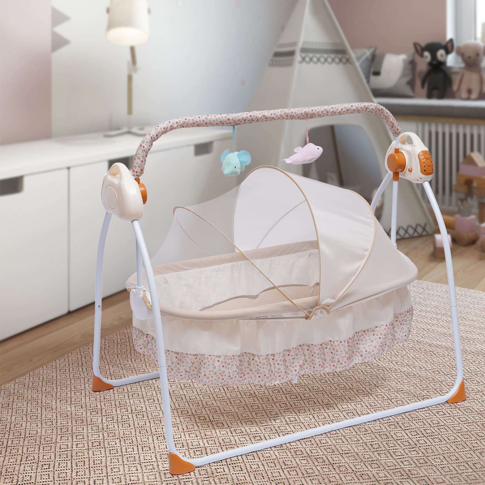 Portable Electric Baby Swing Rocker with Remote Control, 5 Adjustable Speeds, Timer & Music - Foldable Infant to Toddler Rocking Chair (Khaki Lux) - Perfect for Nursery, Daycare & Travel