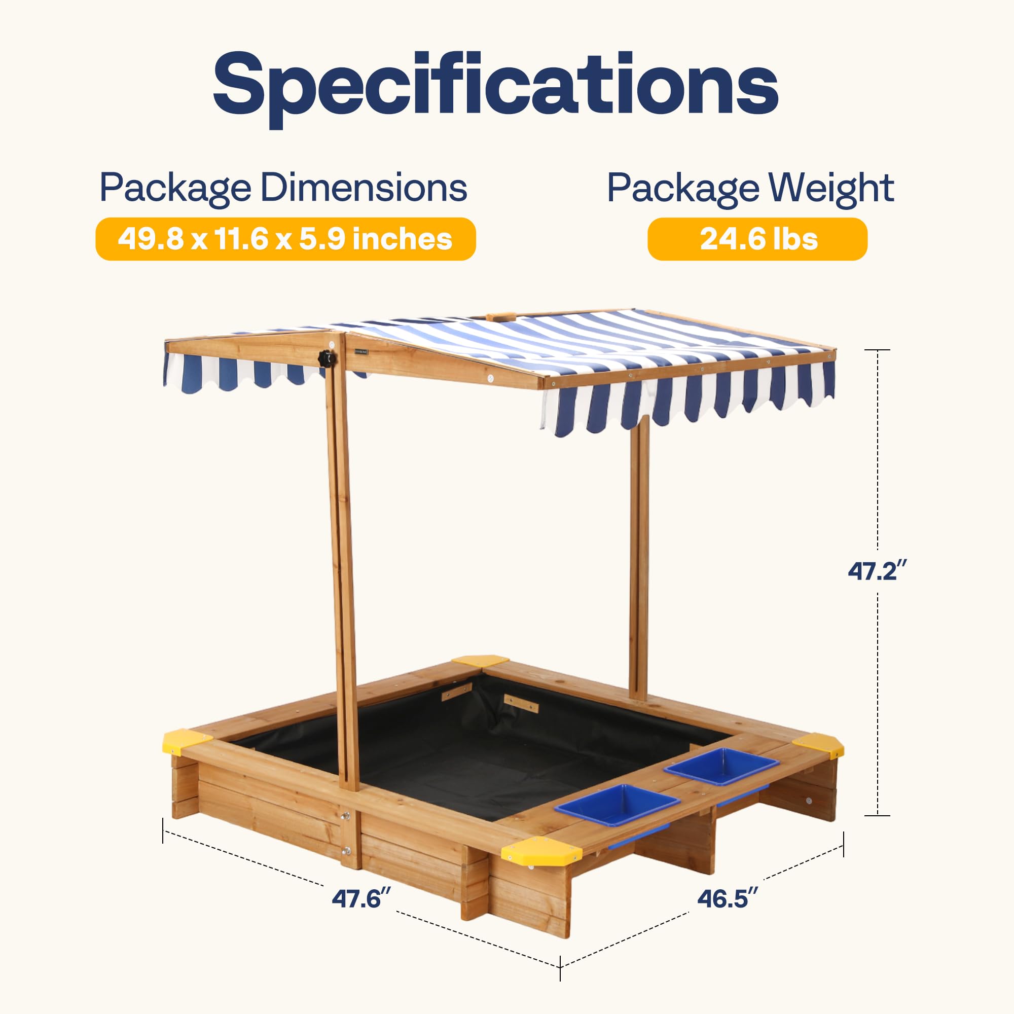 VIVOHOME 47 Inch Wooden Sandbox with 2 Plastic Side Containers & Rotatable UV-Resistant Canopy - Outdoor Kids Sandbox for Backyard, Beach, Park, and Playground Fun