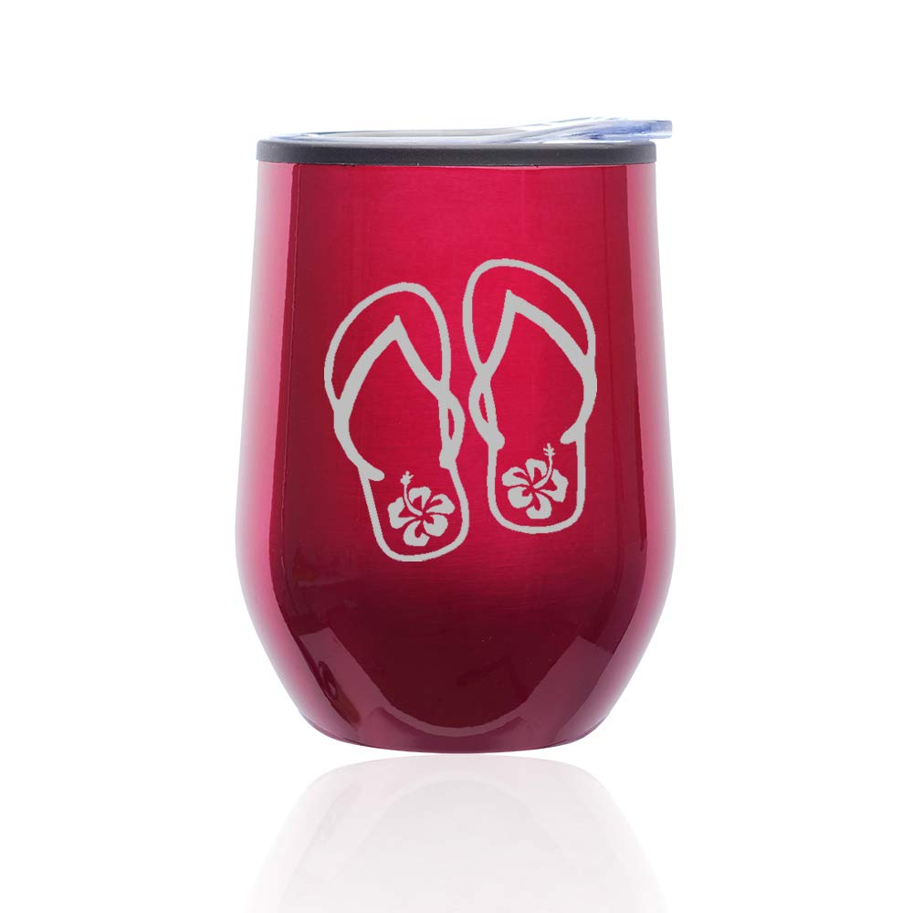 Stemless Wine Tumbler with Lid - 16oz Insulated Coffee Travel Mug, Double Wall Glass Cup for Hot & Cold Drinks - Perfect for Beach, Picnics, and Outdoor Parties (Fuchsia Hibiscus Design)
