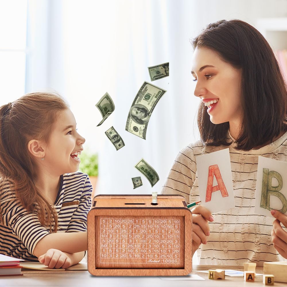 Wooden Cash Vault Savings Box - $10,000 Money Saving Challenge with Target Numbers - Piggy Bank for Adults & Kids - Perfect for Budgeting, Financial Goals, and Teaching Kids Money Management