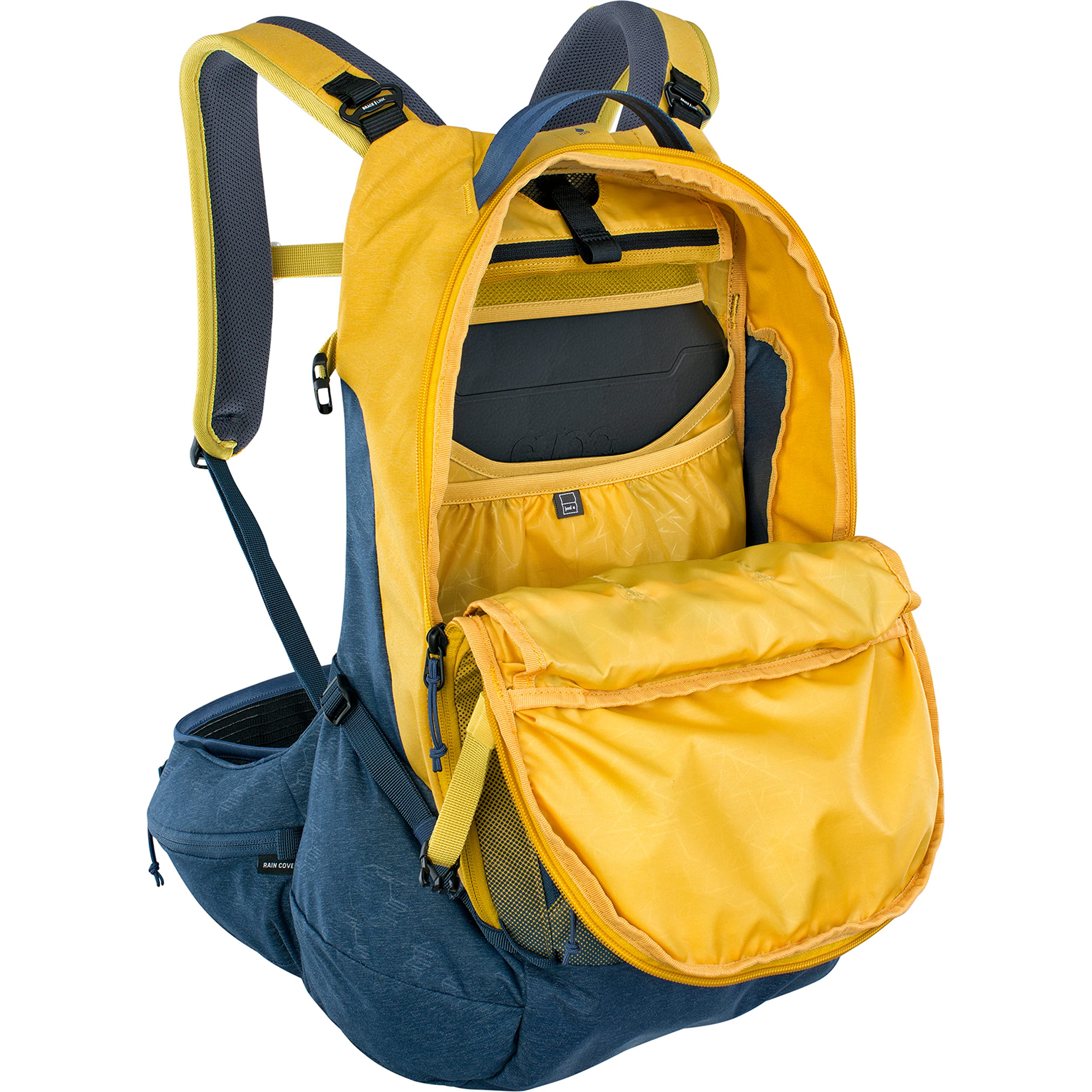 EVOC Trail Pro 26L Hiking Backpack - Waterproof Outdoor Backpack for Men & Women - Durable Travel Backpack with Laptop Compartment (Curry/Denim) - Perfect for Hiking, Camping & Daily Commute