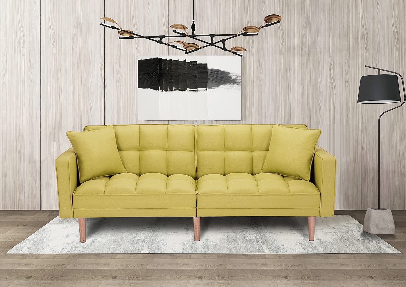 Modern Convertible Futon Sofa Bed with Armrests & 2 Pillows - Twin Size Sleeper Sofa for Living Room, Guest Room & Small Spaces - 5 Solid Wood Legs, Handpicked Yellow Fabric - Perfect for Apartments, Dorms & Home Offices
