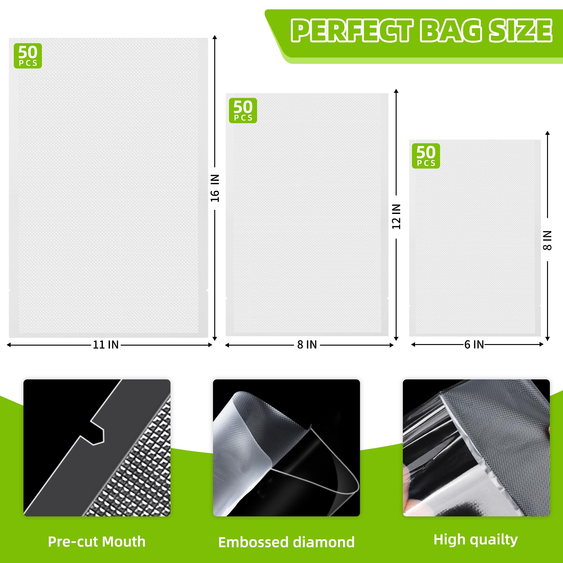HytusCooking Pre-Cut Vacuum Sealer Bags (150 Pack) - Heavy Duty Embossed Commercial Grade Food Storage Bags for Sous Vide, Meal Prep & Freezing - BPA-Free Gallon (11