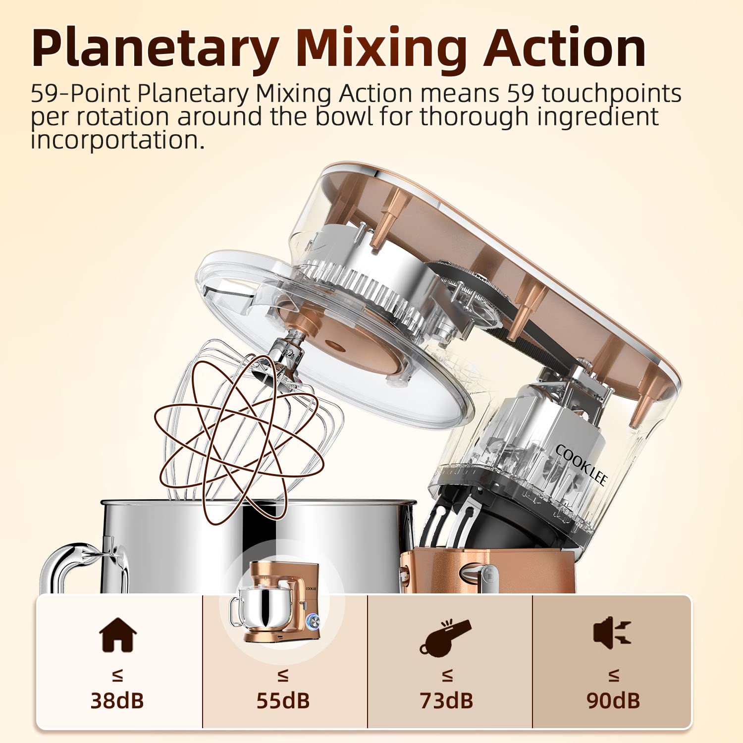COOKLEE 9.5 Qt Stand Mixer - 660W Powerful 10-Speed Electric Kitchen Mixer with Dishwasher-Safe Attachments (Dough Hook, Flat Beater, Wire Whip & Pouring Shield) - Perfect for Baking, Whipping & Mixing - Ideal for Home Bakers & Cooking Enthusiasts - Champagne Color