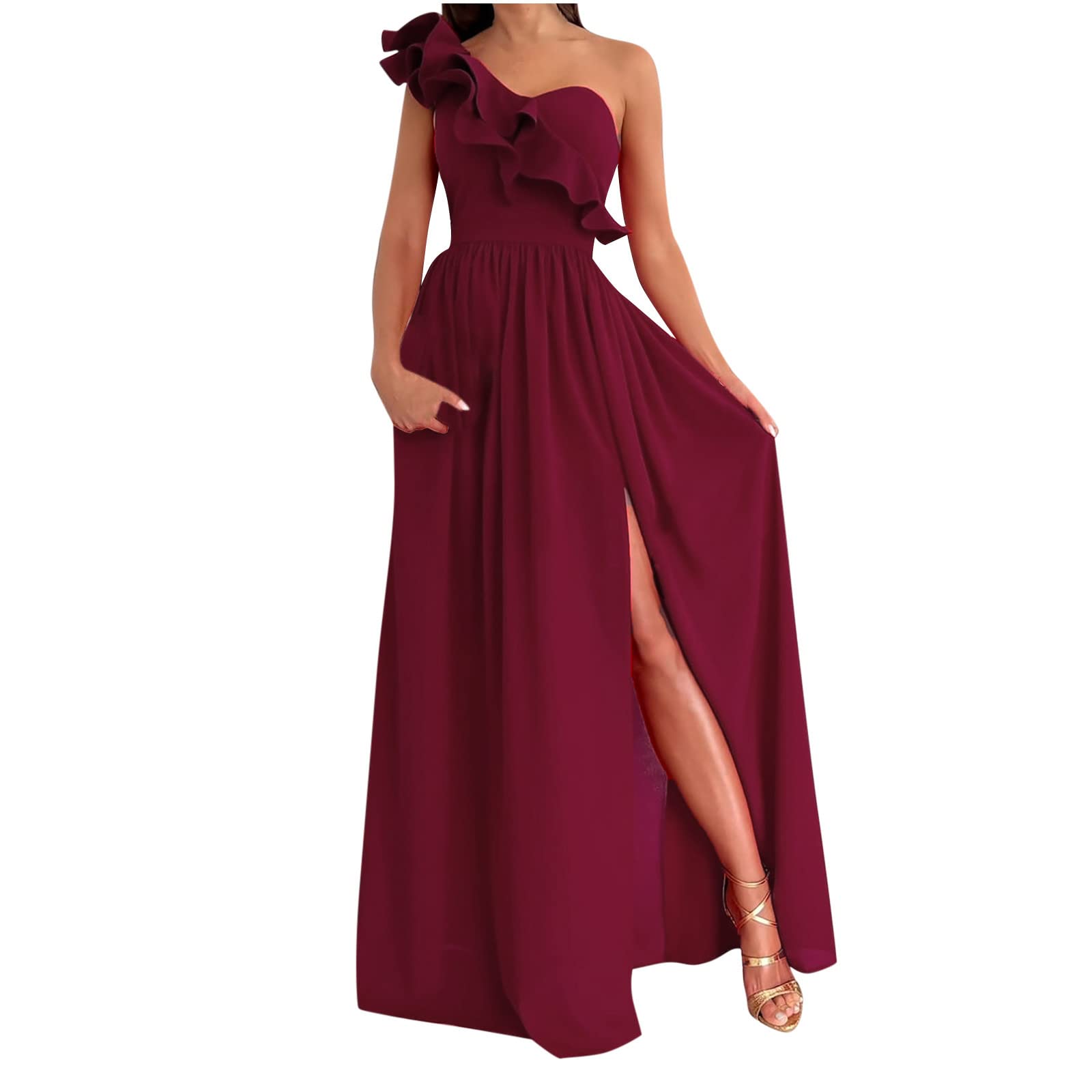 Vikakiooze Women's One Shoulder Ruffle Slit Long Maxi Dress - Sexy High Waist Ruched Formal Evening Gown in Wine Red | Perfect for Cocktail Parties, Date Nights & Special Occasions