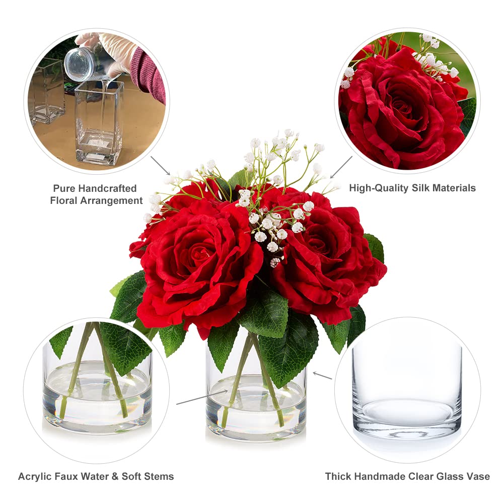 ENOVA FLORAL 4-Heads Large Silk Rose Artificial Flowers in Vase - Realistic Red Fake Roses with Faux Water for Wedding, Home, Office & Event Decor - Perfect for Centerpieces, Table Settings & Romantic Ambiance
