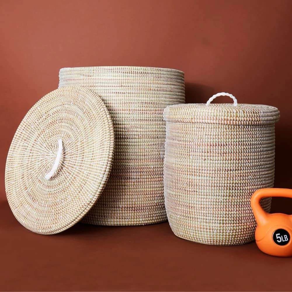 Handwoven Extra Large White Senegal Grass Basket Set with Flat Lids - Perfect for Home Decor, Storage, and Picnic Accessories