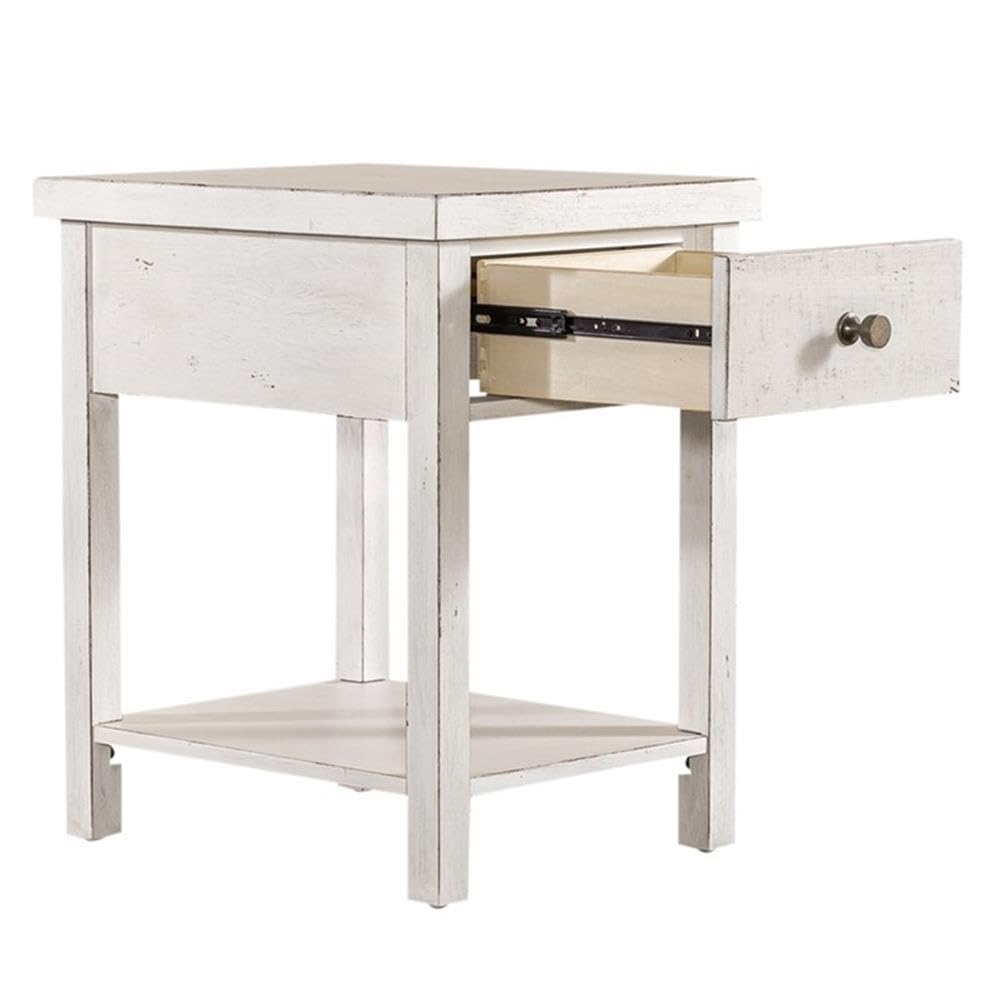 Modern Farmhouse White Drawer Side Table - Nightstand or Accent Table for Bedroom, Living Room & Office - Rustic Home Decor with Storage Drawer