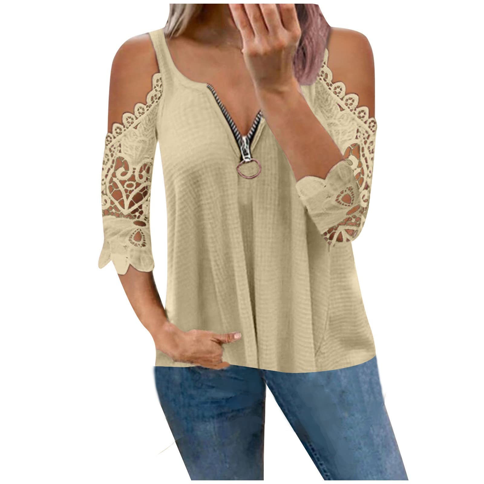 HRAPDA Women's Off Shoulder Lace Top - Summer V Neck Tunic for Casual Wear