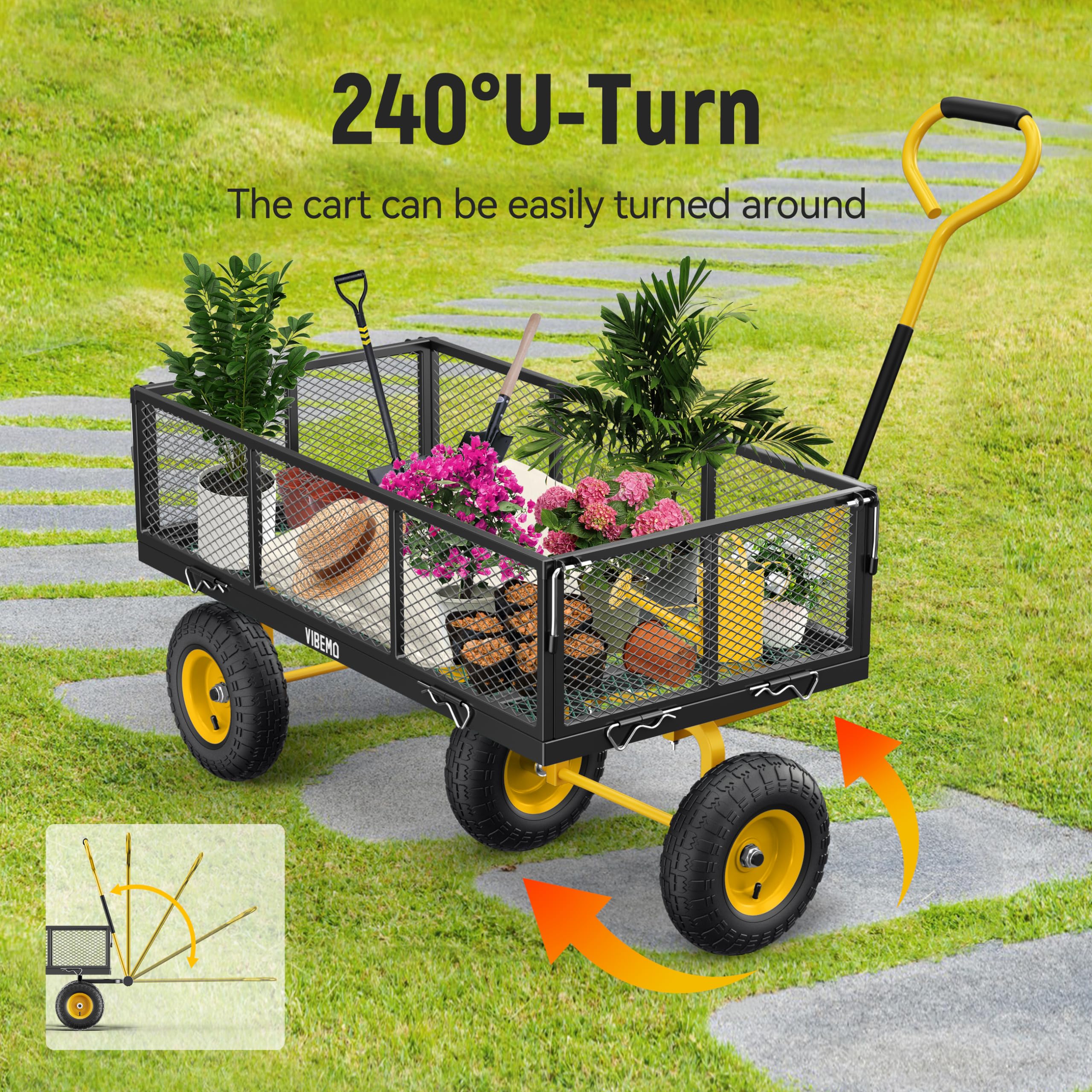 Heavy Duty 900 lbs Steel Garden Cart - 2-in-1 Utility Wagon with Removable Mesh Sides & 10