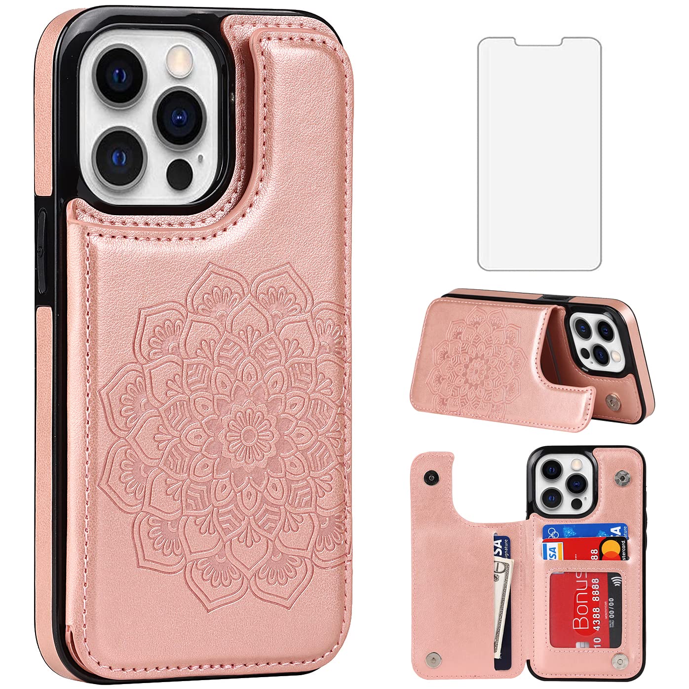 Asuwish iPhone 13 Pro Max Case with Tempered Glass Screen Protector, Card Holder & Kickstand - Rose Gold (2021 6.7 inch) | Compatible with iPhone 13 Pro Max/13 Max Plus | Perfect for Daily Use, Travel & Hands-Free Viewing