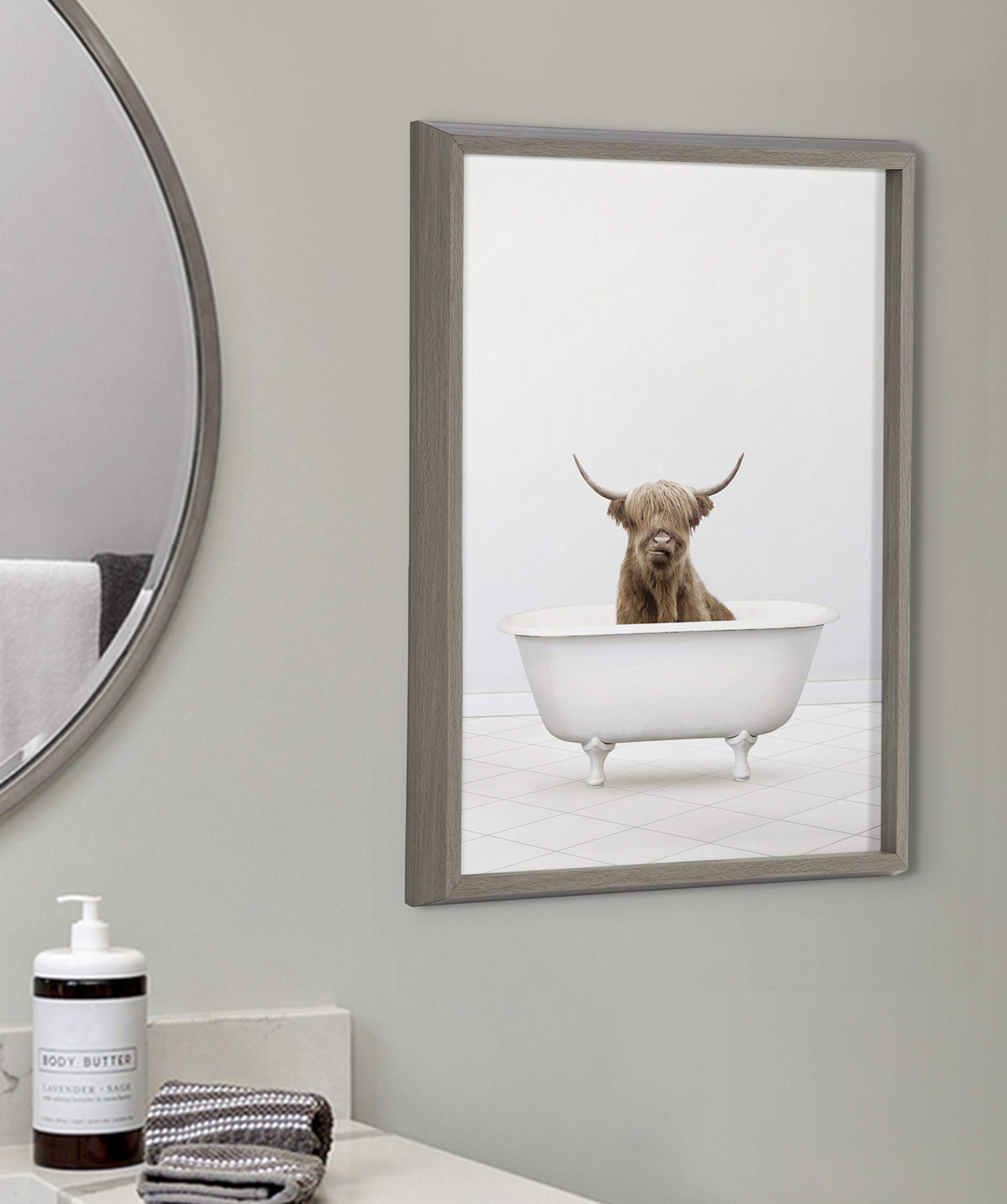 Amy Peterson Highland Cow Solo Bathtub Framed Wall Art - 18x24 Inch Gray Animal Print Glass Decor for Bathroom, Nursery & Farmhouse Style Homes