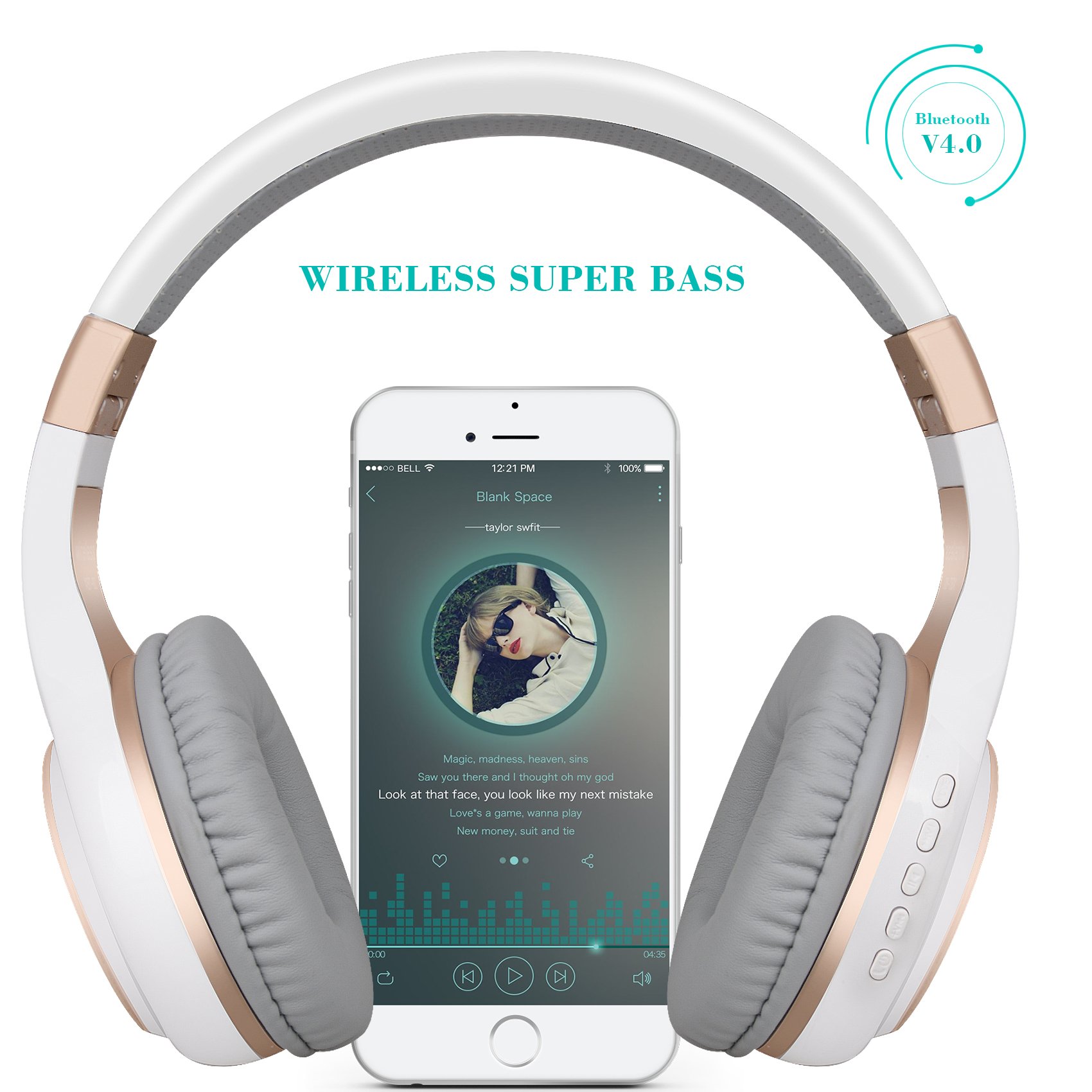 Riwbox XBT-80 Foldable Wireless Bluetooth Headphones Over Ear with Mic & Volume Control - Stereo Sound for PC, Phone, TV, iPad (White Gold) - Perfect for Gaming, Travel & Work from Home