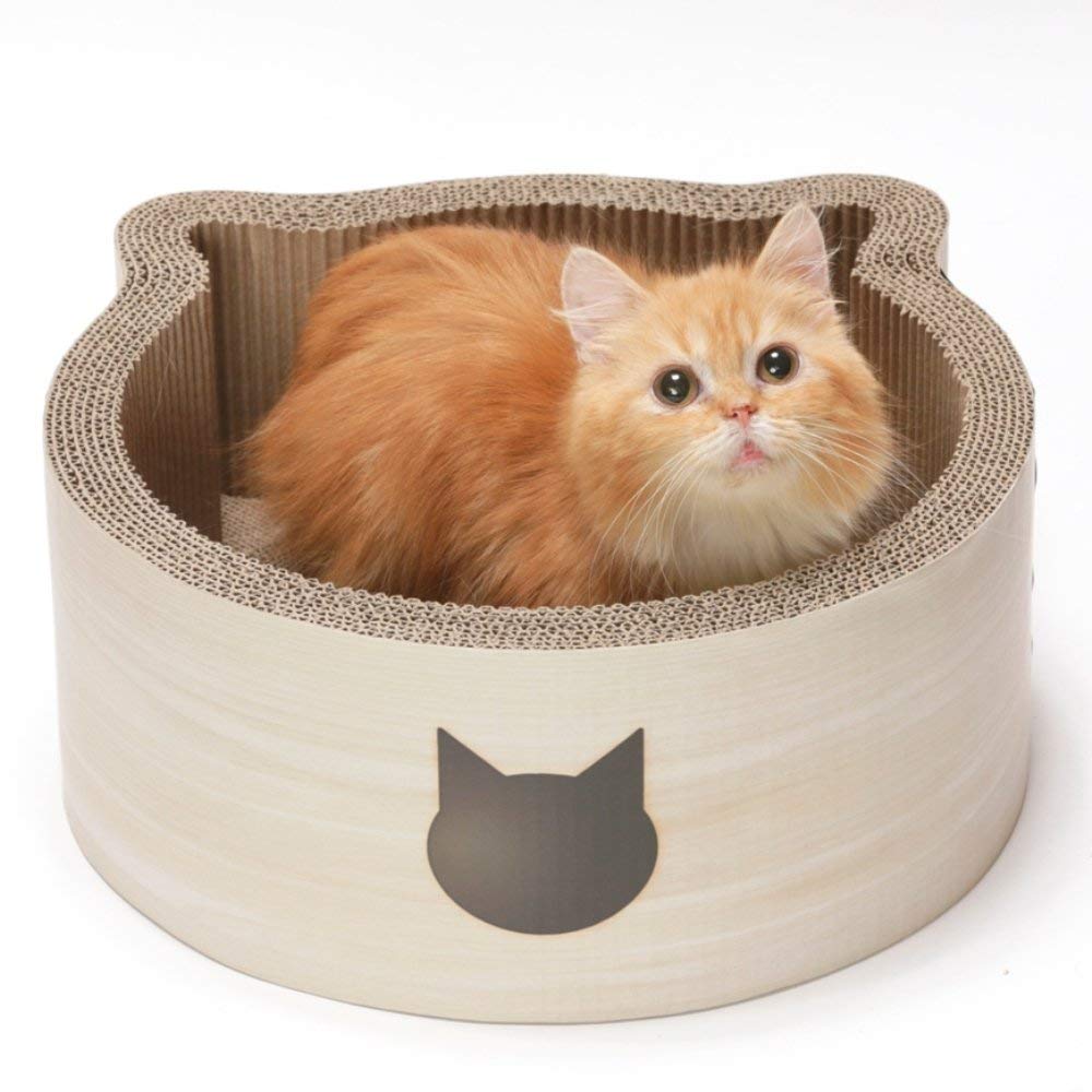 Necoichi Cat-Headed Scratcher Bed (Birch, Regular) - Reversible Cardboard Cat Scratching Board & Lounge Pad for Indoor Cats | Durable & Comfortable Cat Scratcher with Bowl Design - Perfect for Playtime, Napping & Stress Relief