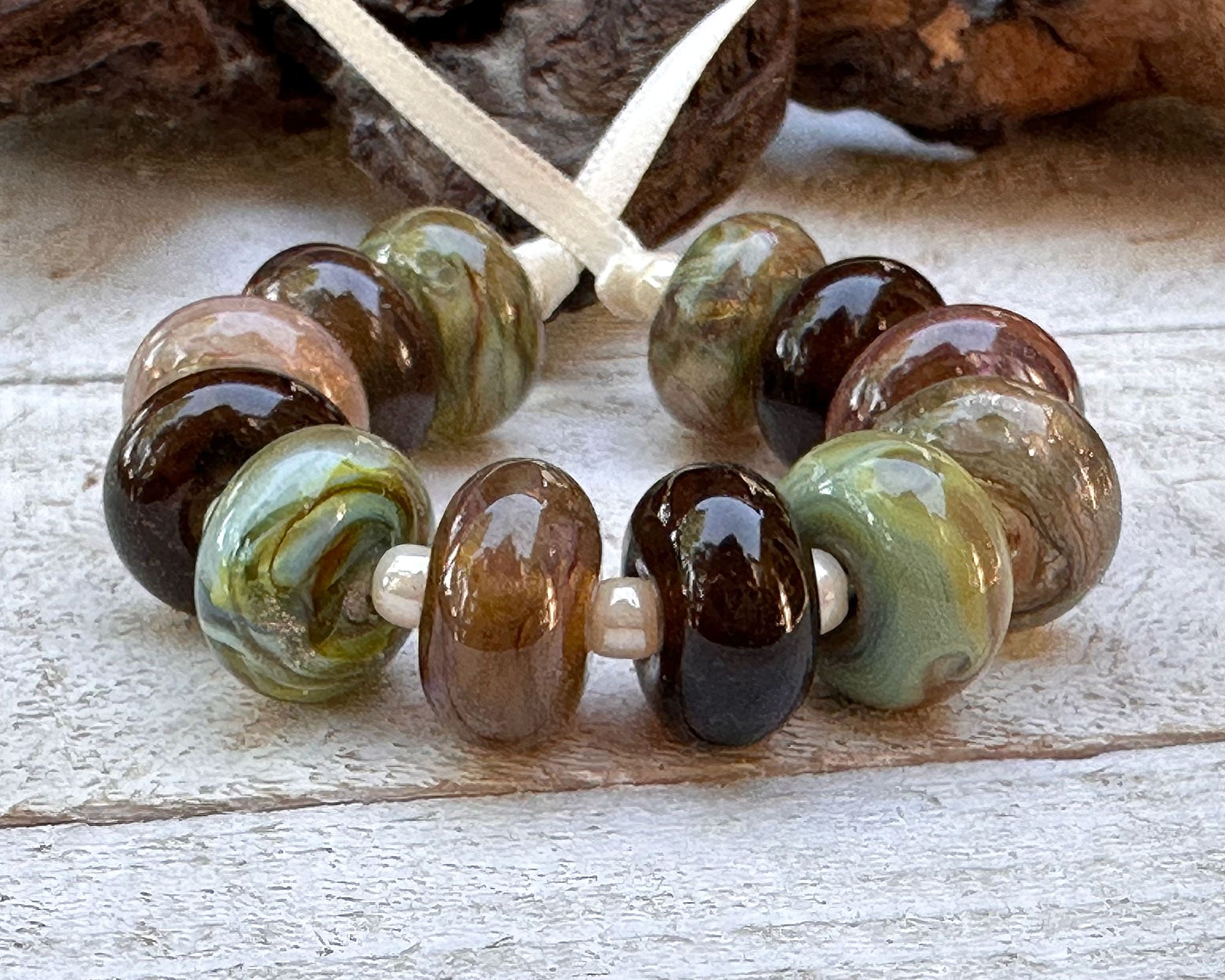 12Pcs Forrest Gold Shimmer Lampwork Glass Beads for Jewelry Making - DIY Bracelet, Necklace, Earrings Craft Supplies - Perfect for Bohemian Style Accessories & Gift Giving