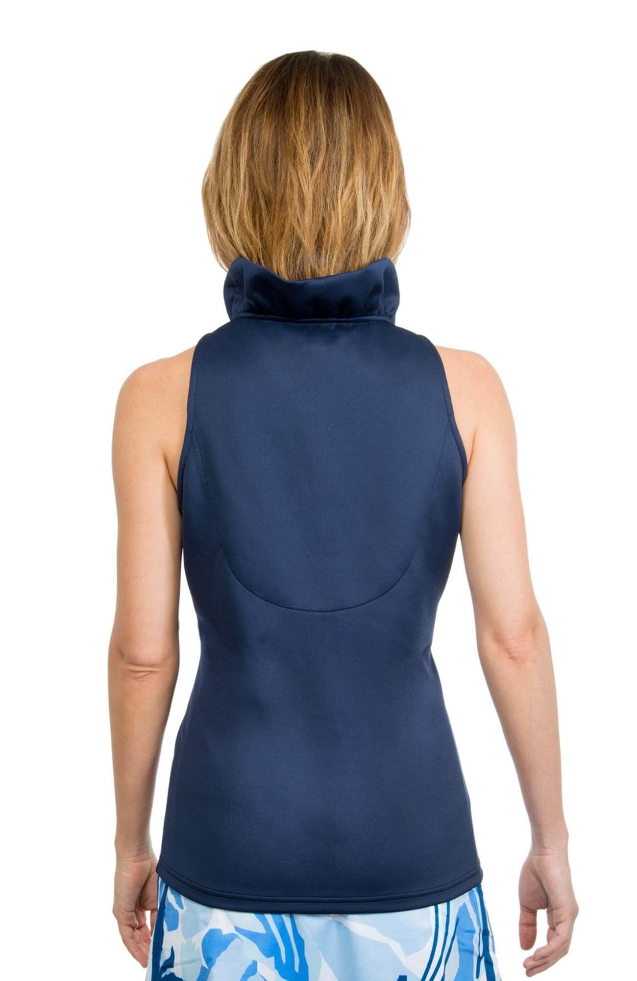 Gretchen Scott Women's Navy Blue Sleeveless Ruffled Neckline Blouse Top for Casual Wear & Summer Outfits