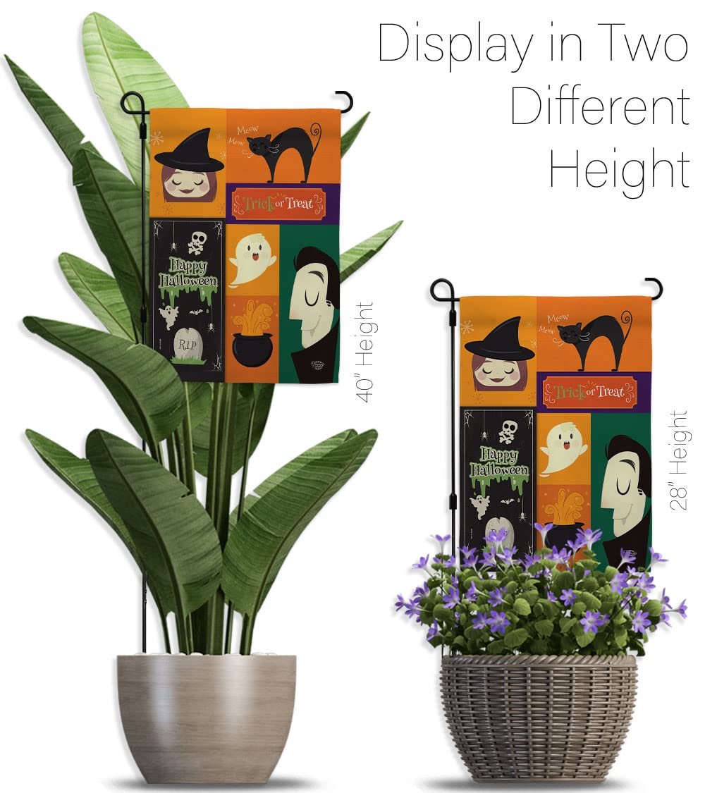 Halloween Trick or Treat Garden Flag Set with Stand - Spooky Witch & Black Cat Decor for Yard