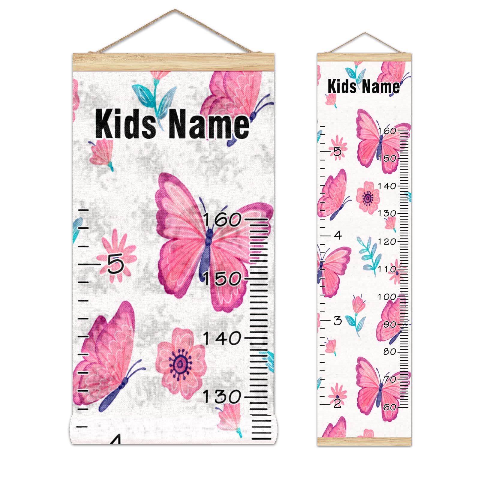 Personalized Kids Name Growth Chart Ruler - Wood Frame Wall Height Measure 13.4x56 Inches - Linen Hanging Growth Tracker with Pink Butterfly & Flower Design - Perfect for Nursery, Bedroom Decor & Baby Shower Gifts