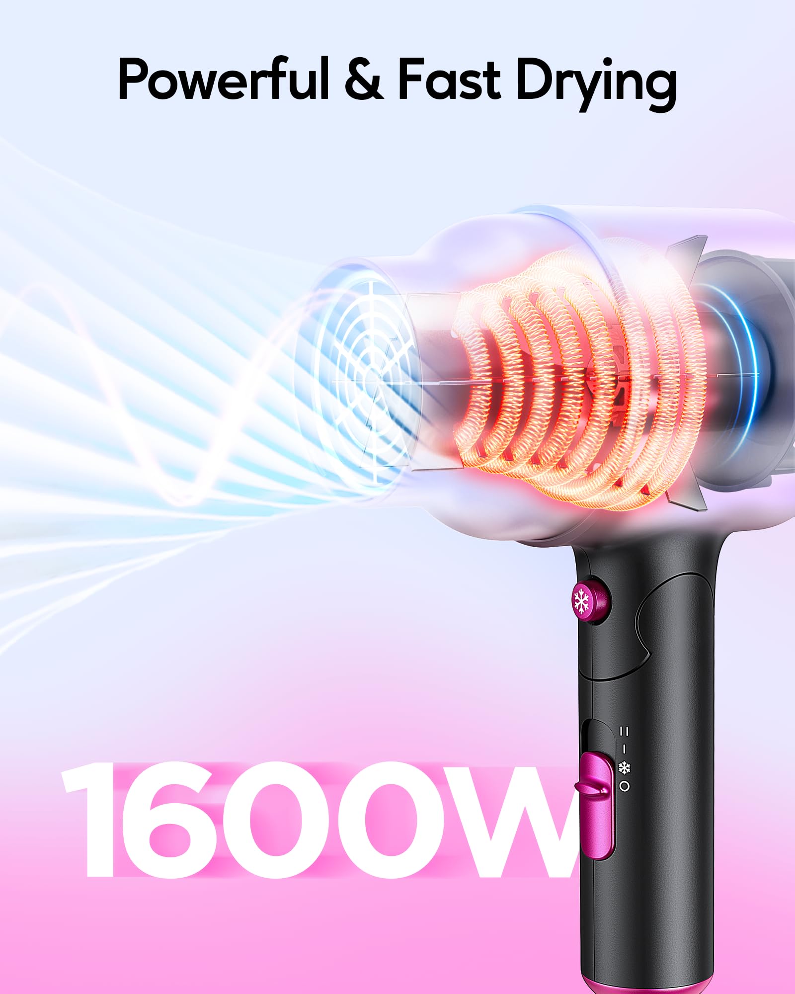 Wavytalk 1600W Foldable Hair Dryer with Diffuser - Lightweight Blow Dryer for Curly Hair, Black | Perfect for Travel, Home & Salon Styling