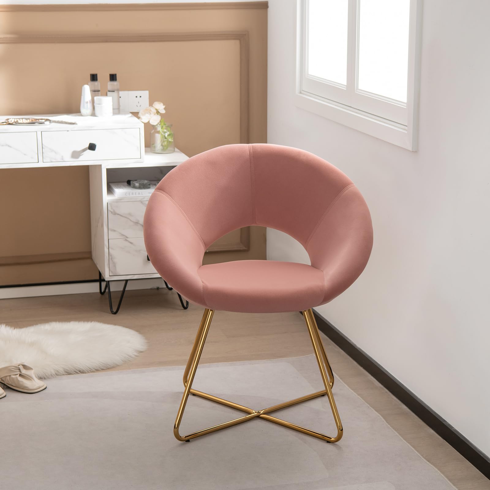 Giantex Velvet Accent Chair Set of 2 - 300 Lbs Capacity Upholstered Vanity Makeup Chairs, Modern Dining & Desk Chairs for Bedroom & Living Room, Coral Pink - Perfect for Home Office, Dressing Room & Lounge Areas