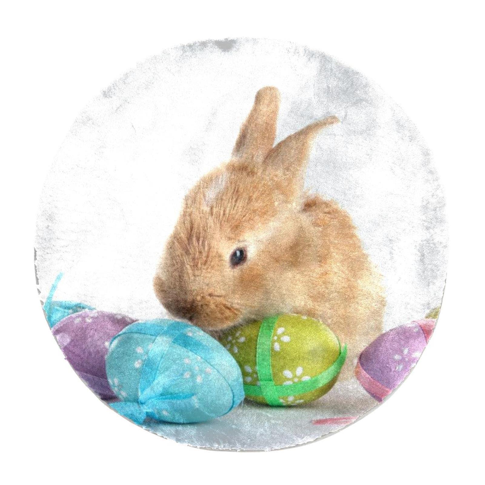 Easter Egg & Bunny Fluffy Round Shaggy Rug - Soft Plush Carpet for Living Room, Bedroom, Kids Room Decor - 60 x 60 cm - Perfect for Easter Decorations, Nursery Floor Mat & Cozy Home Accent