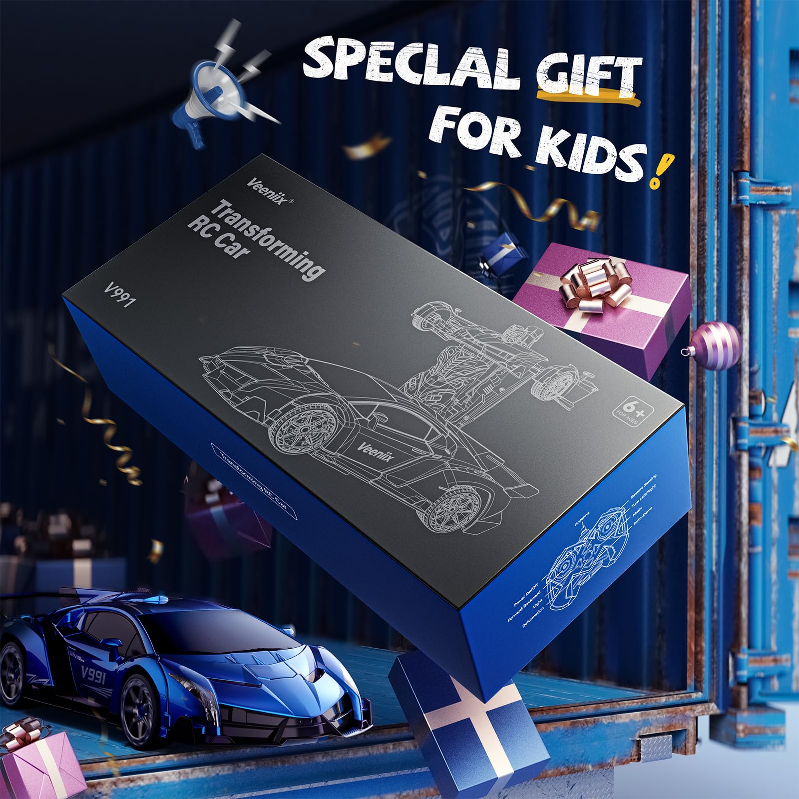 V991 1:10 Scale Transformable Remote Control Car - 2.4GHz Gesture Sensing & One-Key Deformation RC Toy with 2 Rechargeable Batteries (70 Min Playtime) - Best Robot Gift for Boys & Girls (Blue) - Perfect for Indoor Play, Outdoor Racing & STEM Learning