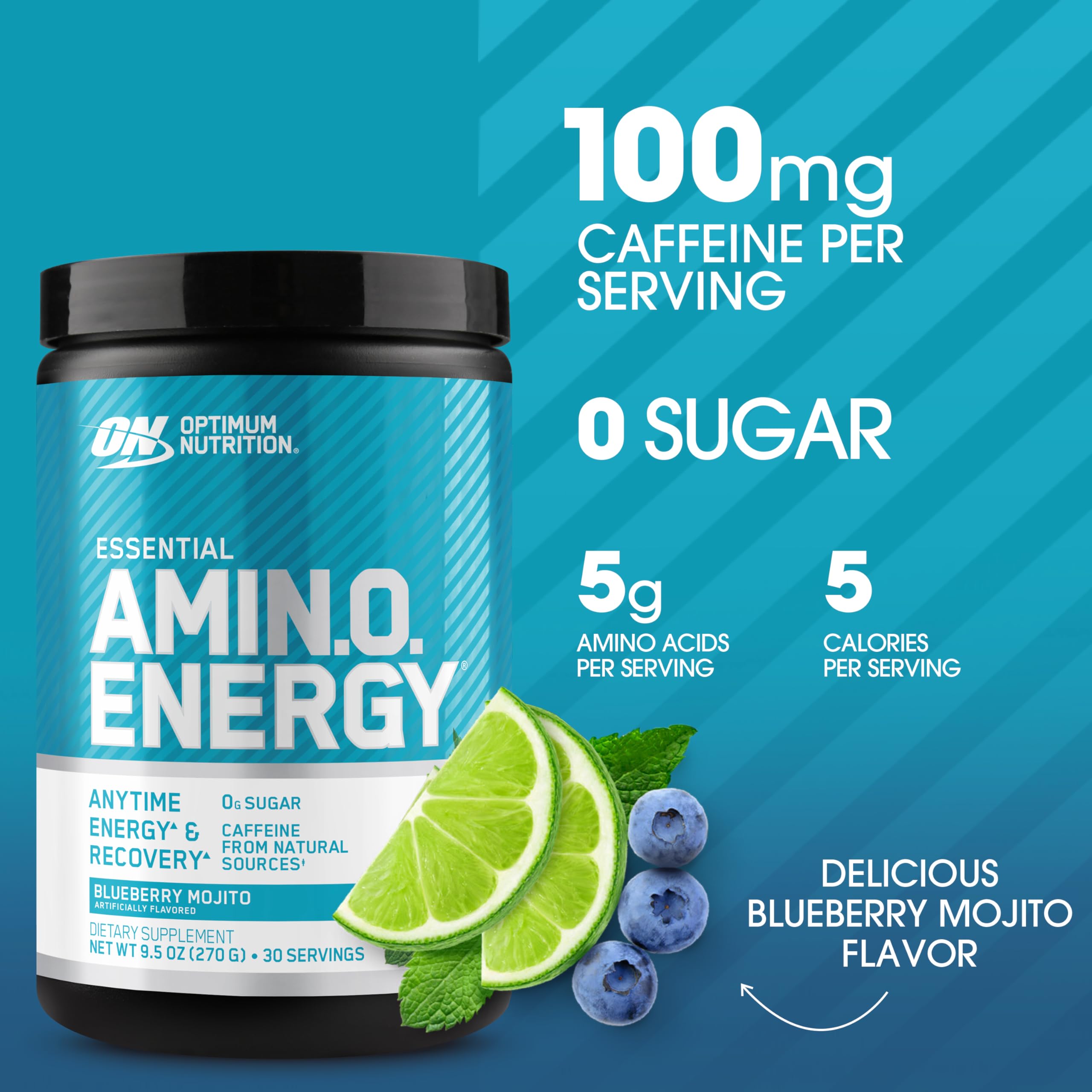 Optimum Nutrition Amino Energy Pre Workout Powder - Green Tea, BCAA, Amino Acids, Keto Friendly with Green Coffee Extract - Blueberry Mojito Flavor (30 Servings) | Boost Energy & Endurance for Gym, Running & Fitness Training
