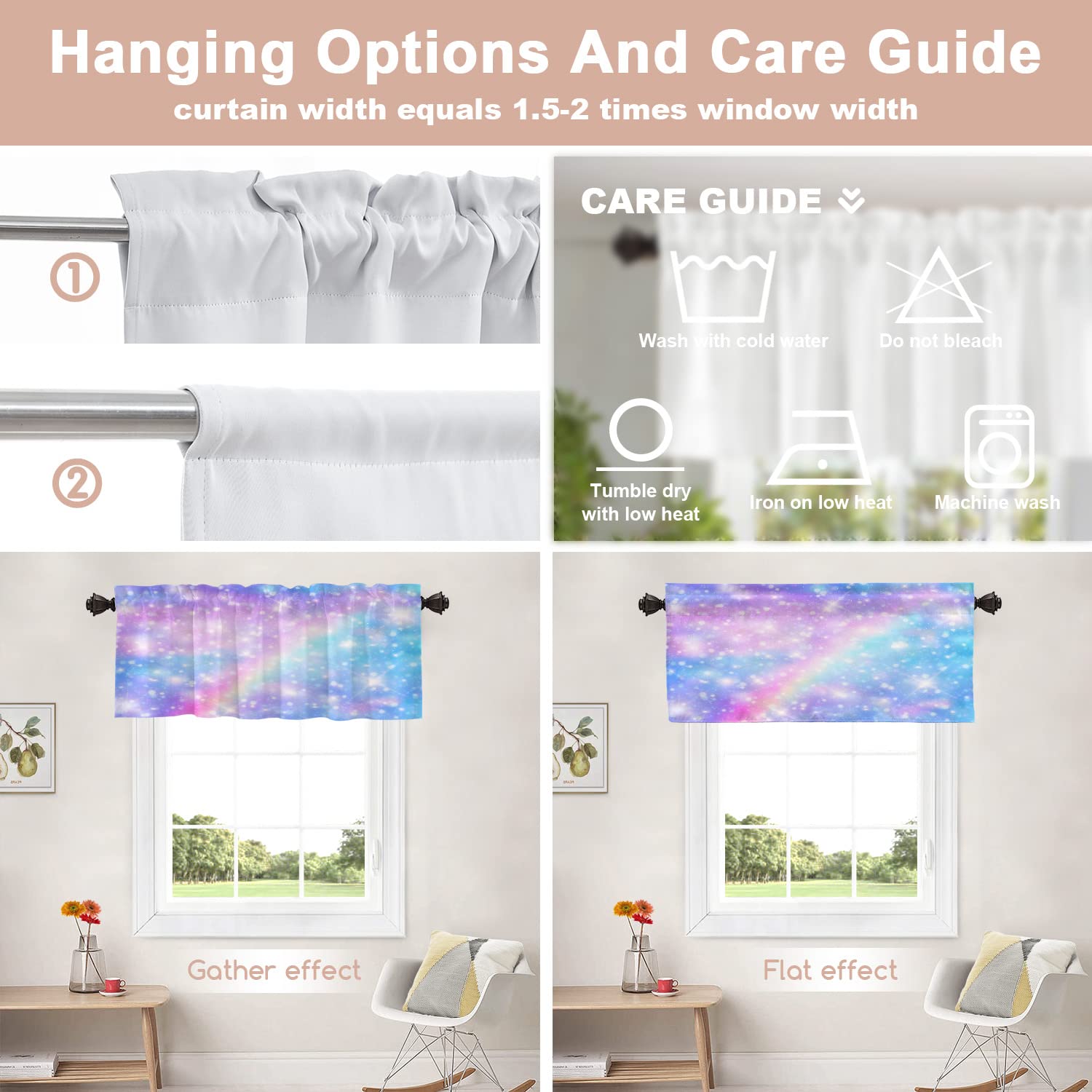 Pastel Rainbow Unicorn & Glitter Stars Kitchen Valance - 52x18 Inch Galaxy Fantasy Window Curtain (Set of 2) for Kitchen Decor - Perfect for Cozy Breakfast Nooks & Whimsical Dining Areas