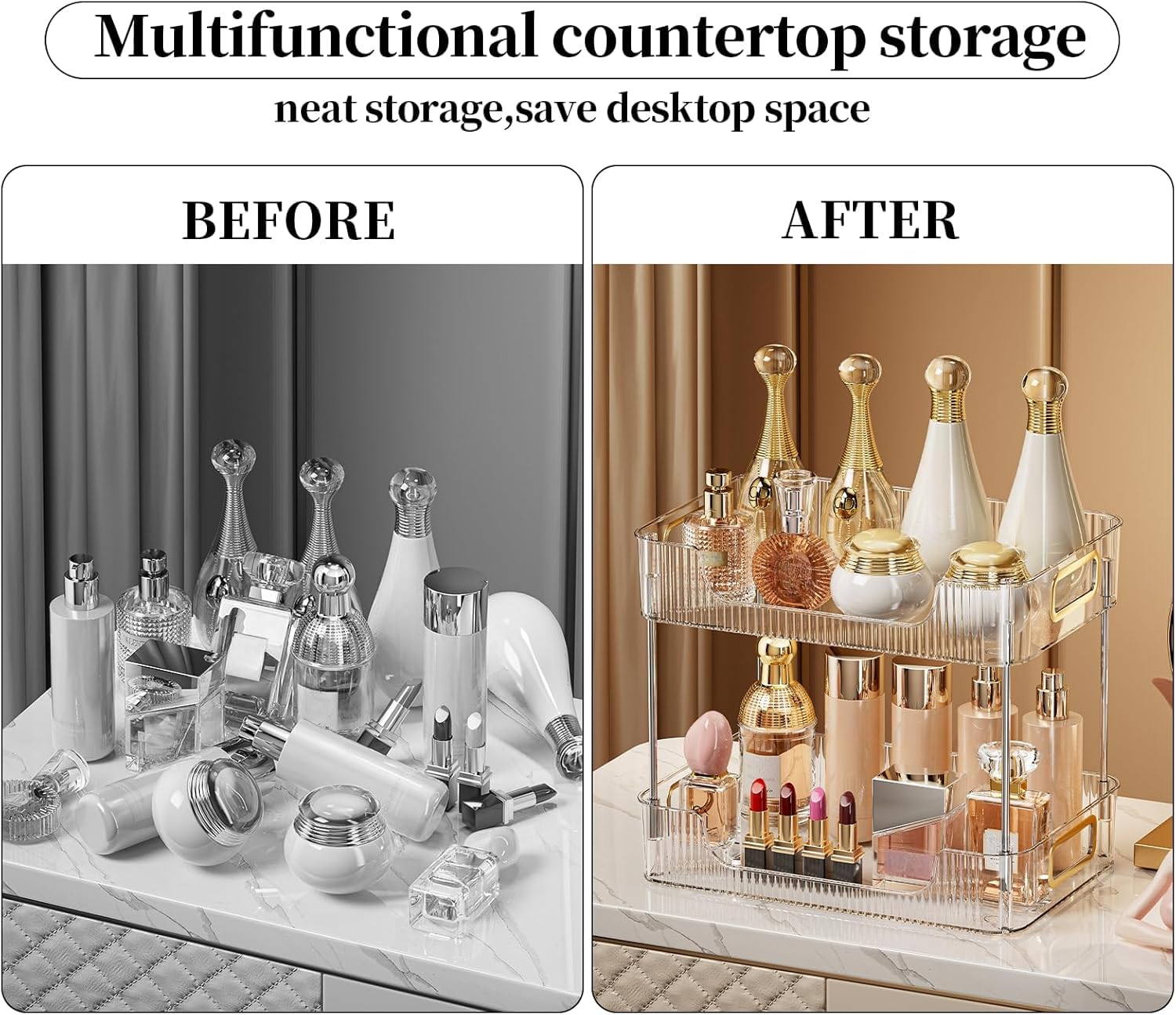 2-Tier Clear Bathroom Countertop Organizer - Cosmetic & Skincare Storage Tray for Perfume, Makeup, Jewelry - Vanity Dresser & Sink Organizer - Perfect for Small Space Bathroom Organization